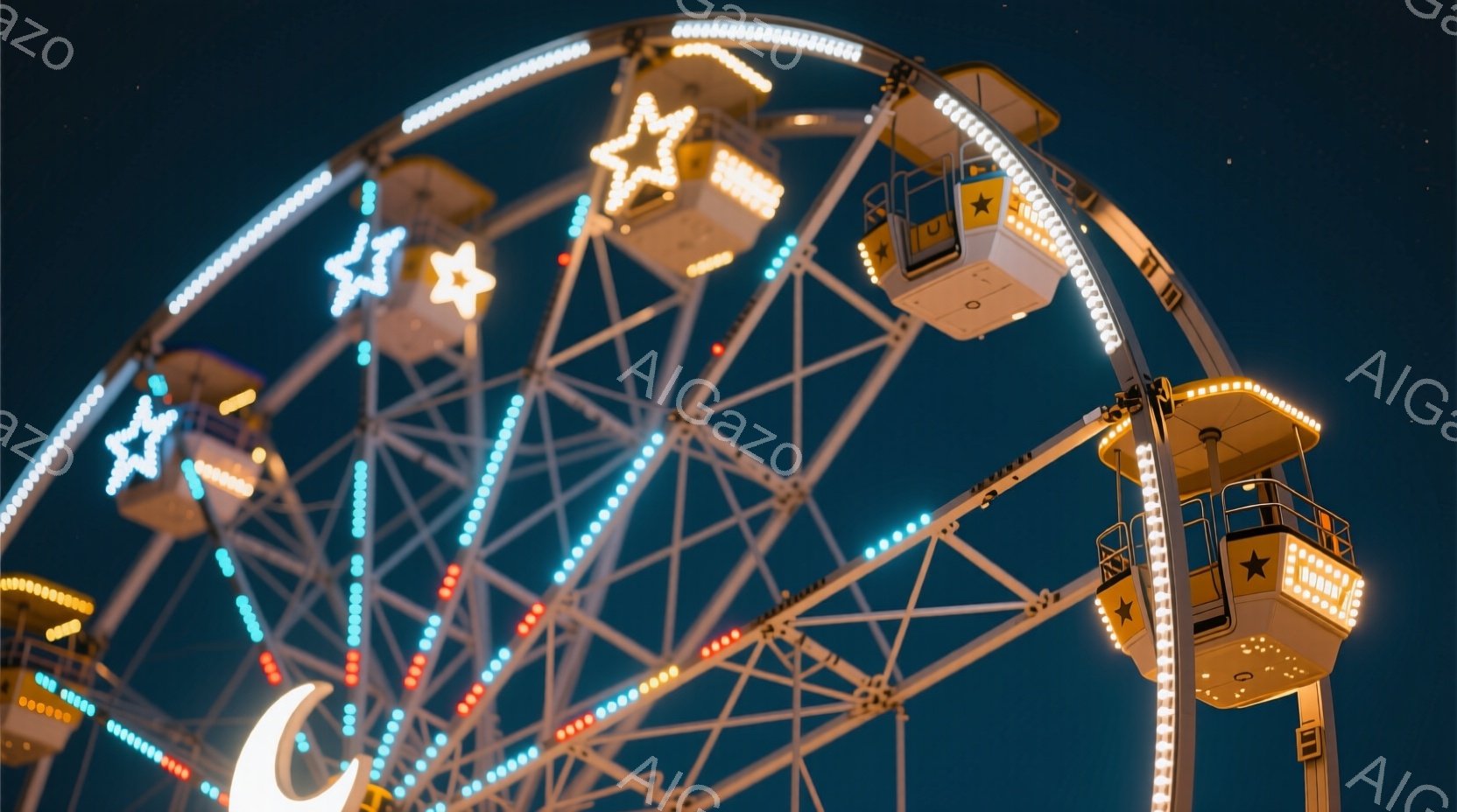 深い青色の夜空に、明るく輝く観覧車が印象的な写真です。各ゴンドラには星や月などの装飾が施され、温かい光が灯っています。観覧車の構造は白く、夜空に浮かび上がり、夢のような雰囲気を醸し出しています。 - AI生成フリー素材