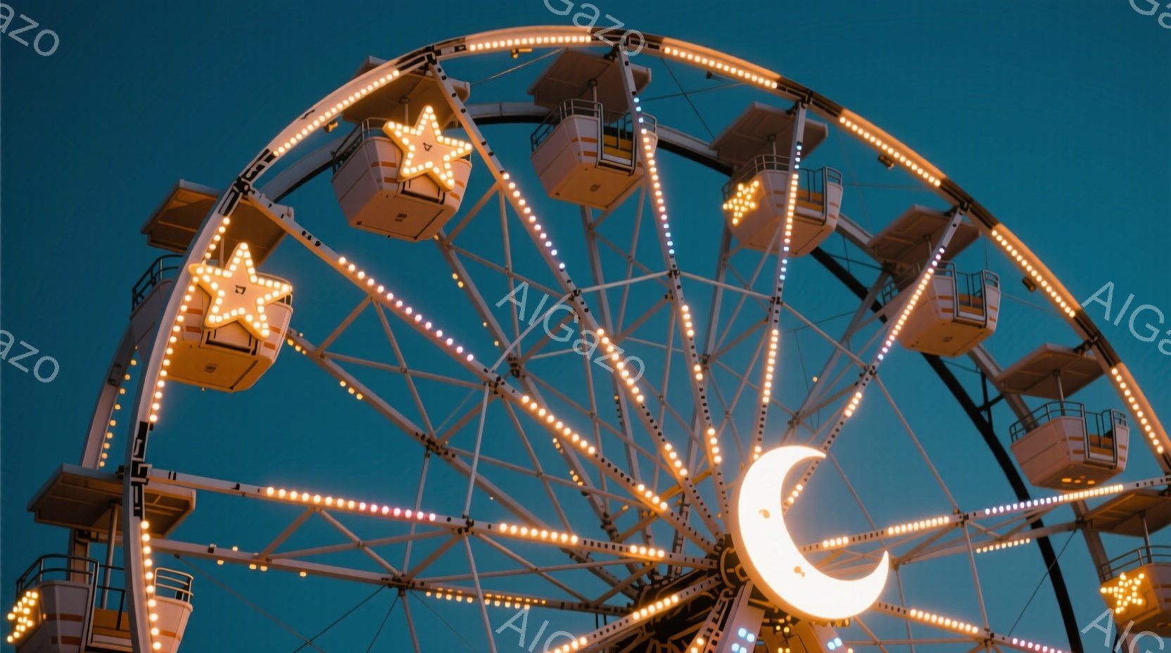 夜空を背景に、ライトアップされた観覧車が印象的な写真です。各ゴンドラには星や月が飾られており、幻想的な雰囲気を醸し出しています。青色の空と観覧車の暖色系の光がコントラストを生み出し、ロマンチックな印象 - AI生成フリー素材
