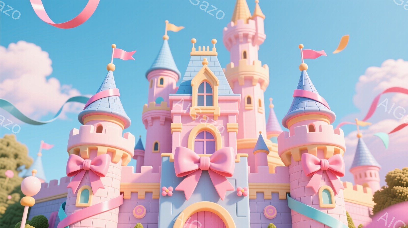 鮮やかなピンクと水色の可愛らしいお城が、青空の下にそびえ立っています。お城には大きなリボンが飾られ、丸い塔が特徴的で、背景には緑豊かな木々が見えます。全体的に夢のような、おとぎ話の世界を思わせる雰囲気 - AI生成フリー素材