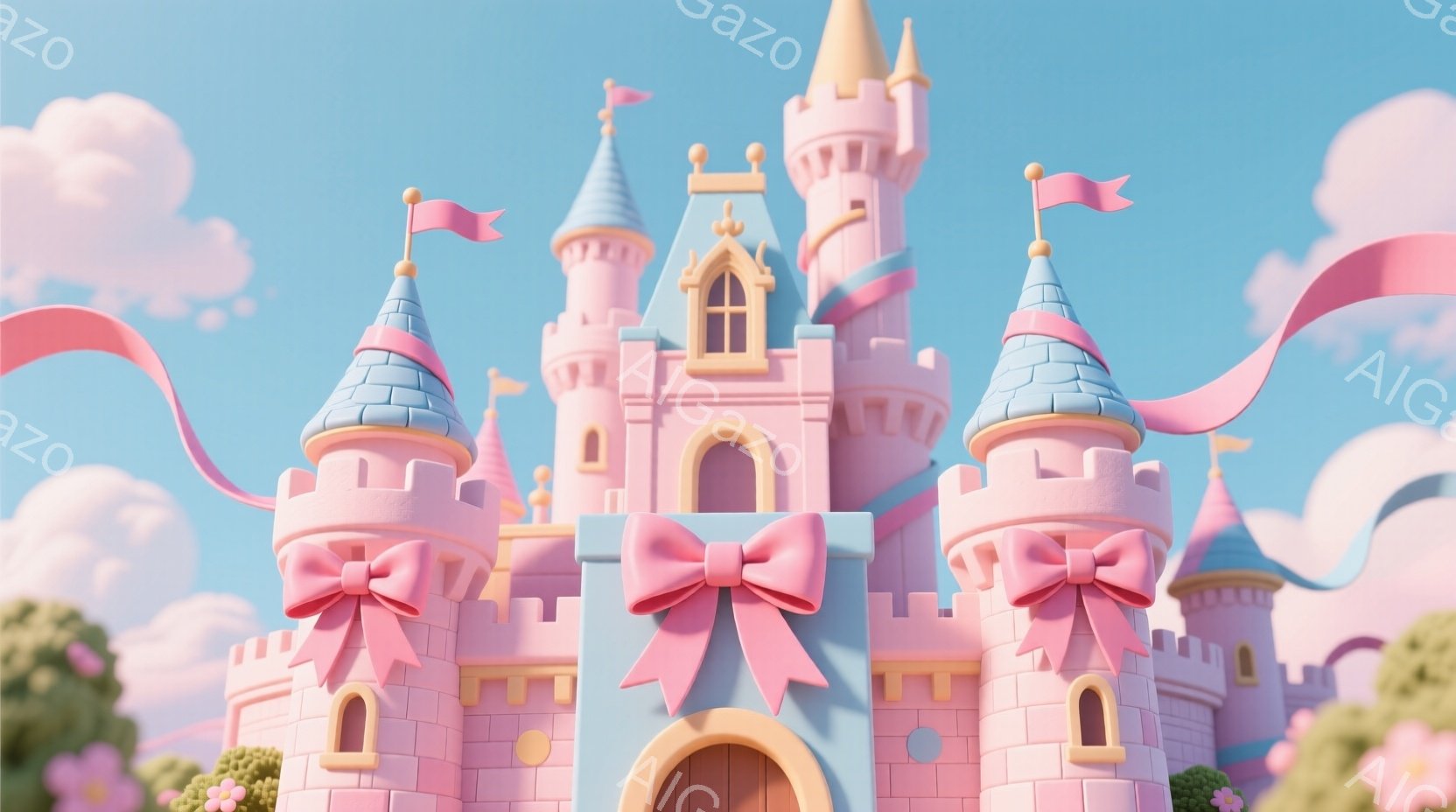 明るいピンク色の可愛らしいお城が描かれています。塔には大きなリボンが飾られ、全体的に丸みを帯びたデザインで、おとぎ話の世界を思わせます。背景はパステルブルーの空と白い雲で、穏やかで夢のような雰囲気が漂っています。