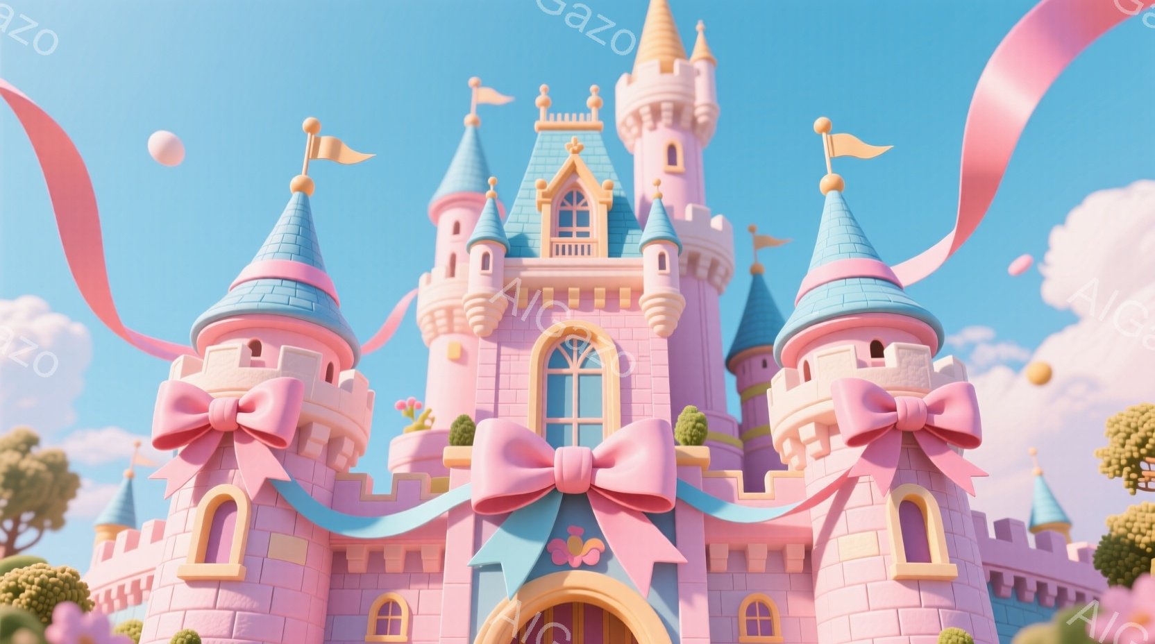 ピンクと水色の可愛らしいお城を描いています。お城には大きなリボンがあしらわれ、周りには緑の木々や空に浮かぶ雲が見られます。全体的に、夢のような、おとぎ話のような、とても明るい雰囲気です。 - AI生成フリー素材