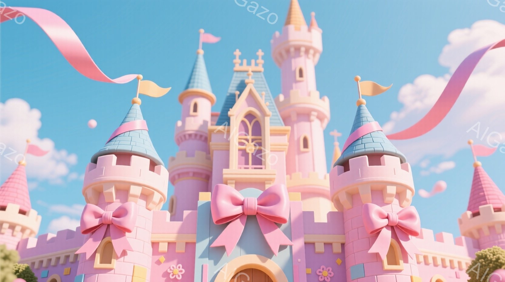 明るいピンク色を基調としたお城が、青い空と白い雲の下にそびえ立っている。お城には大きなリボンがあしらわれ、可愛らしい雰囲気を醸し出している。背景には緑の木々が見え、まるで絵本の世界のような、夢のような光景が広がっている。