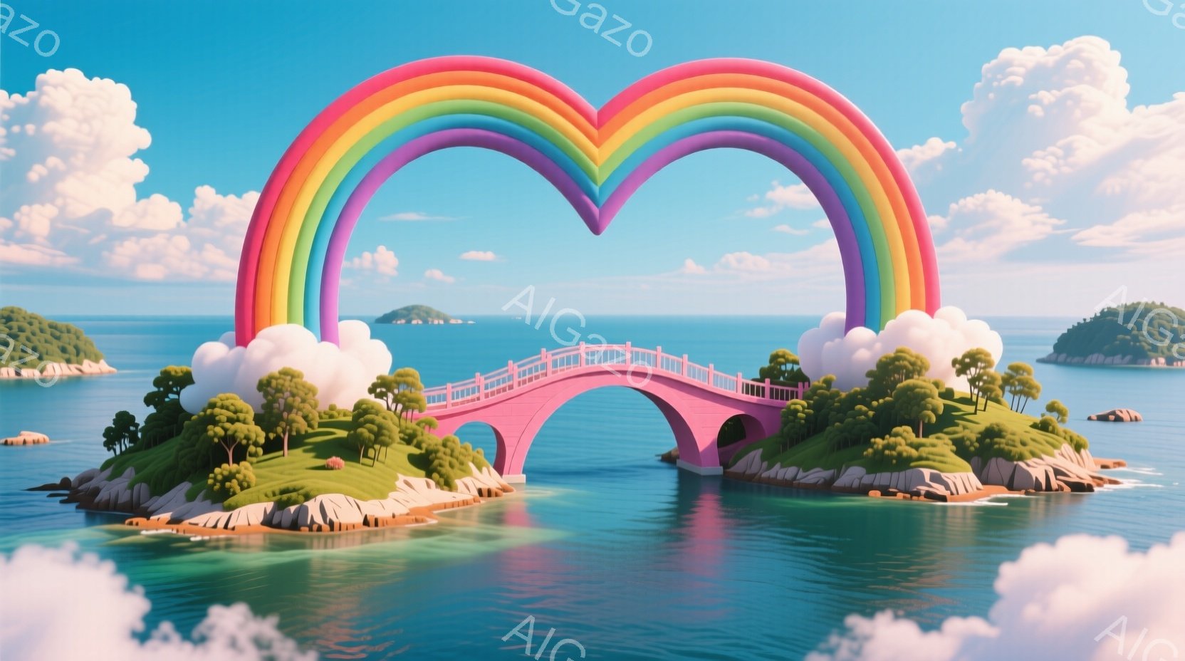 鮮やかな虹が二つの緑豊かな島を繋ぐピンク色の橋が印象的な風景です。穏やかな青い海と白い雲が背景に広がり、平和で幻想的な雰囲気を醸し出しています。島の緑豊かな植生と、遠くに見える小さな島々が、この夢のよ - AI生成フリー素材