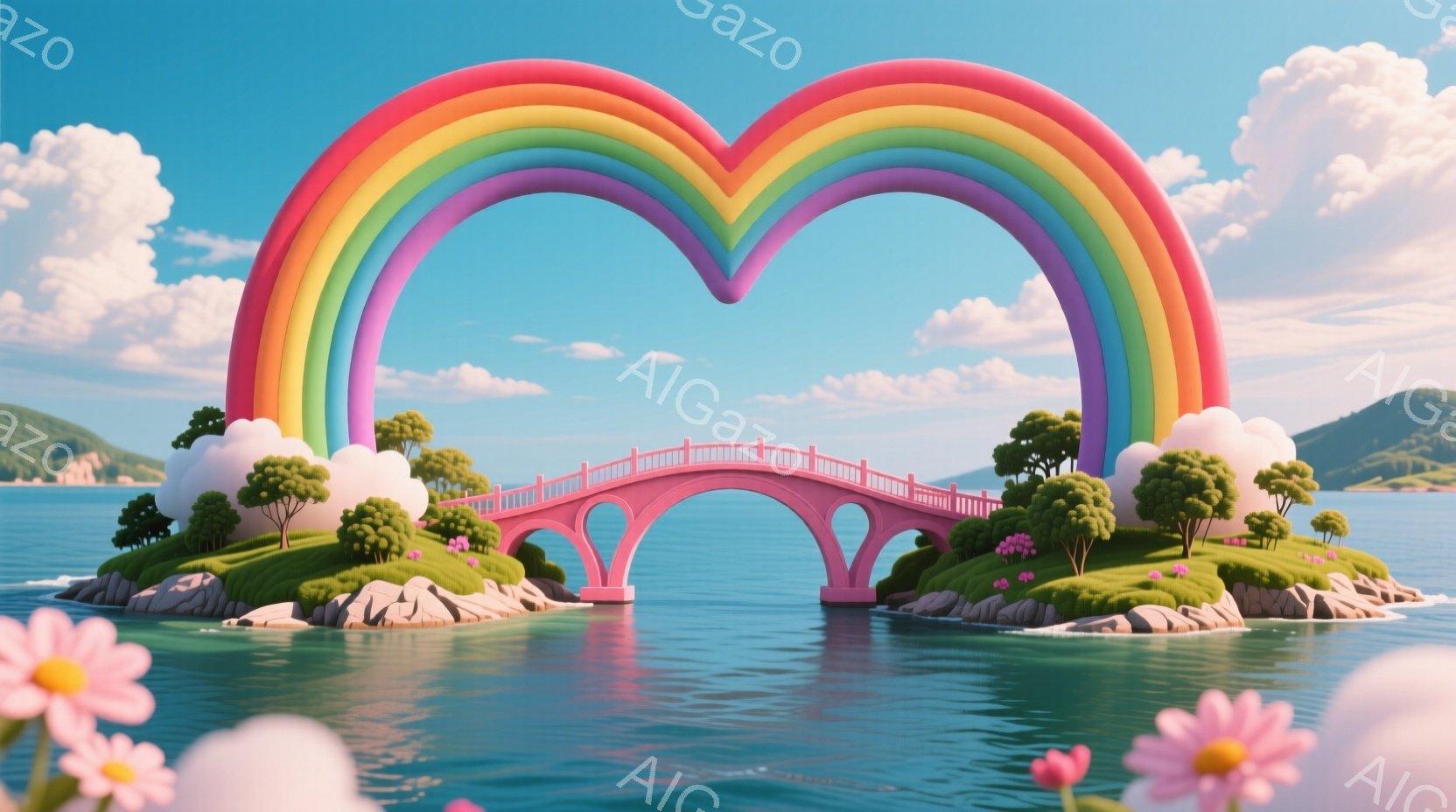 鮮やかな虹が、小さな緑の島に架かるピンク色の橋をアーチ状に包み込んでいます。澄んだ青い海が周囲を取り囲み、遠くには緑の丘が見え、ふわふわの雲が空に浮かんでいます。全体的に夢のような、牧歌的で平和な雰囲 - AI生成フリー素材