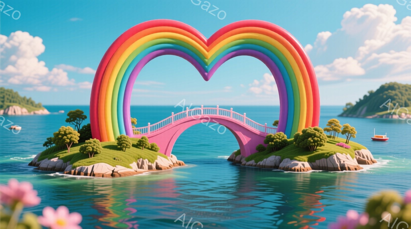 広大な青い海に浮かぶ小さな島が、虹色のアーチで結ばれています。島には緑豊かな草地があり、ピンク色の橋がアーチを横切って繋がっており、遠くには緑の丘が見えます。空は晴れ、雲が浮かび、全体的に夢幻的で平和 - AI生成フリー素材