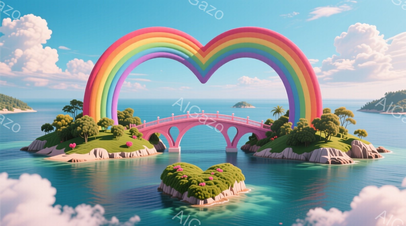 鮮やかな虹が弧を描き、二つの緑豊かなハート型の島を結ぶピンク色の橋が印象的です。背景には穏やかな青い海と遠くに見える島々が広がり、晴天の下、平和で幻想的な雰囲気を醸し出しています。全体的に明るく、子供 - AI生成フリー素材