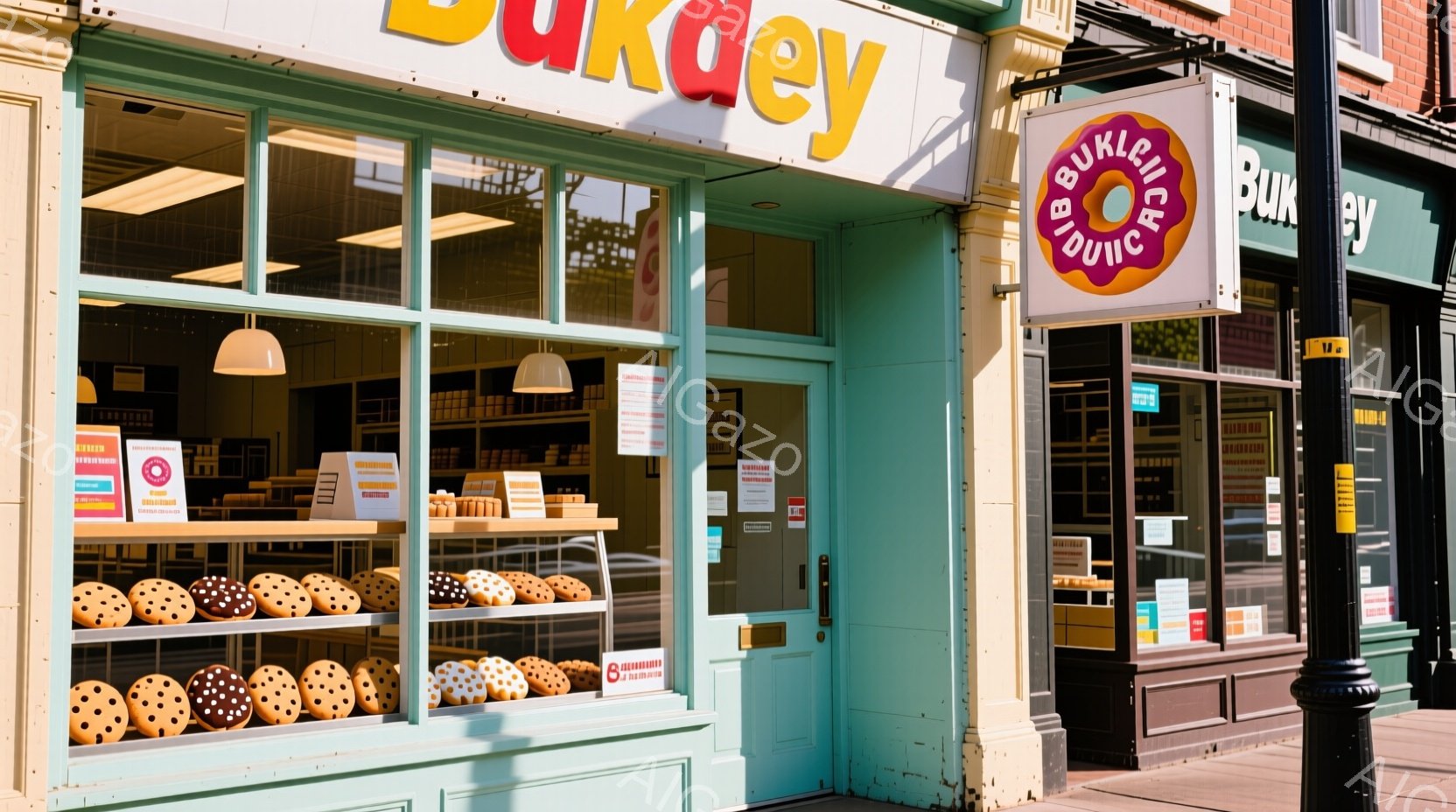 明るい緑色の外観のベーカリー店が写っています。ショーウィンドウには、様々な種類の焼き菓子が並び、お店の名前である「Bukey」のロゴが大きく表示されています。背景には、他の建物や街路灯が見え、晴れた日の穏やかな街並みの様子が伝わってきます。