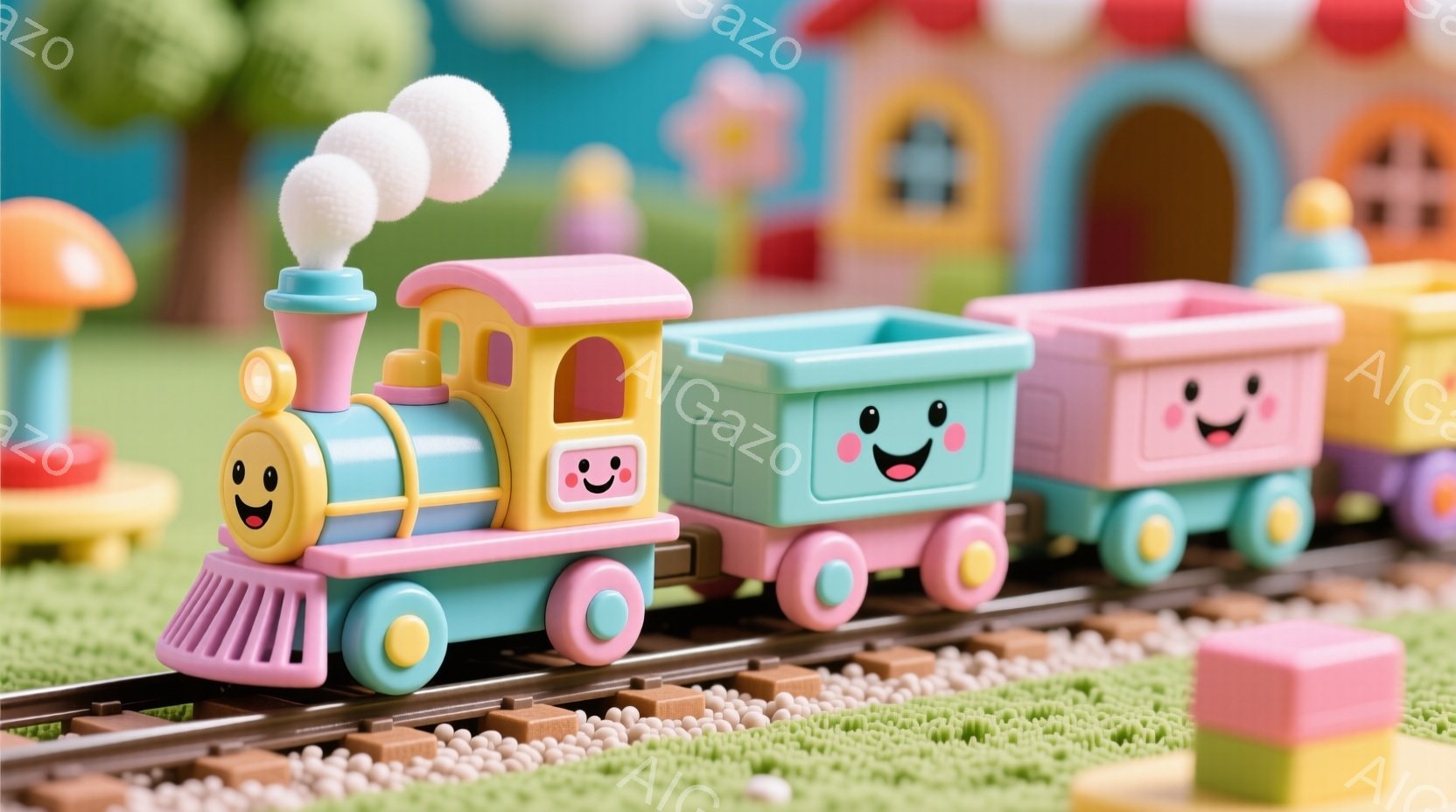 明るい緑色の芝生の上を、ピンクとターコイズの可愛らしい列車が走っている。列車は機関車と2つの客車で構成され、それぞれに笑顔の顔が描かれている。背景にはカラフルな建物と木々があり、おもちゃのような牧歌的 - AI生成フリー素材