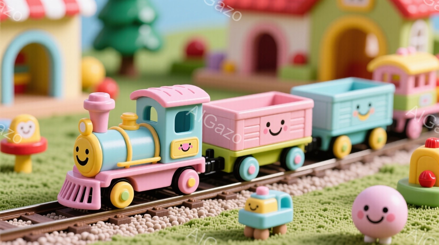 パステルカラーの可愛い汽車が線路の上を走っている様子が描かれています。機関車と貨車はそれぞれ笑顔の顔があり、周りにはカラフルな建物や緑の芝生、丸い形のオブジェが見られます。全体的に明るく、おもちゃの世界のような可愛らしい雰囲気が漂っています。
