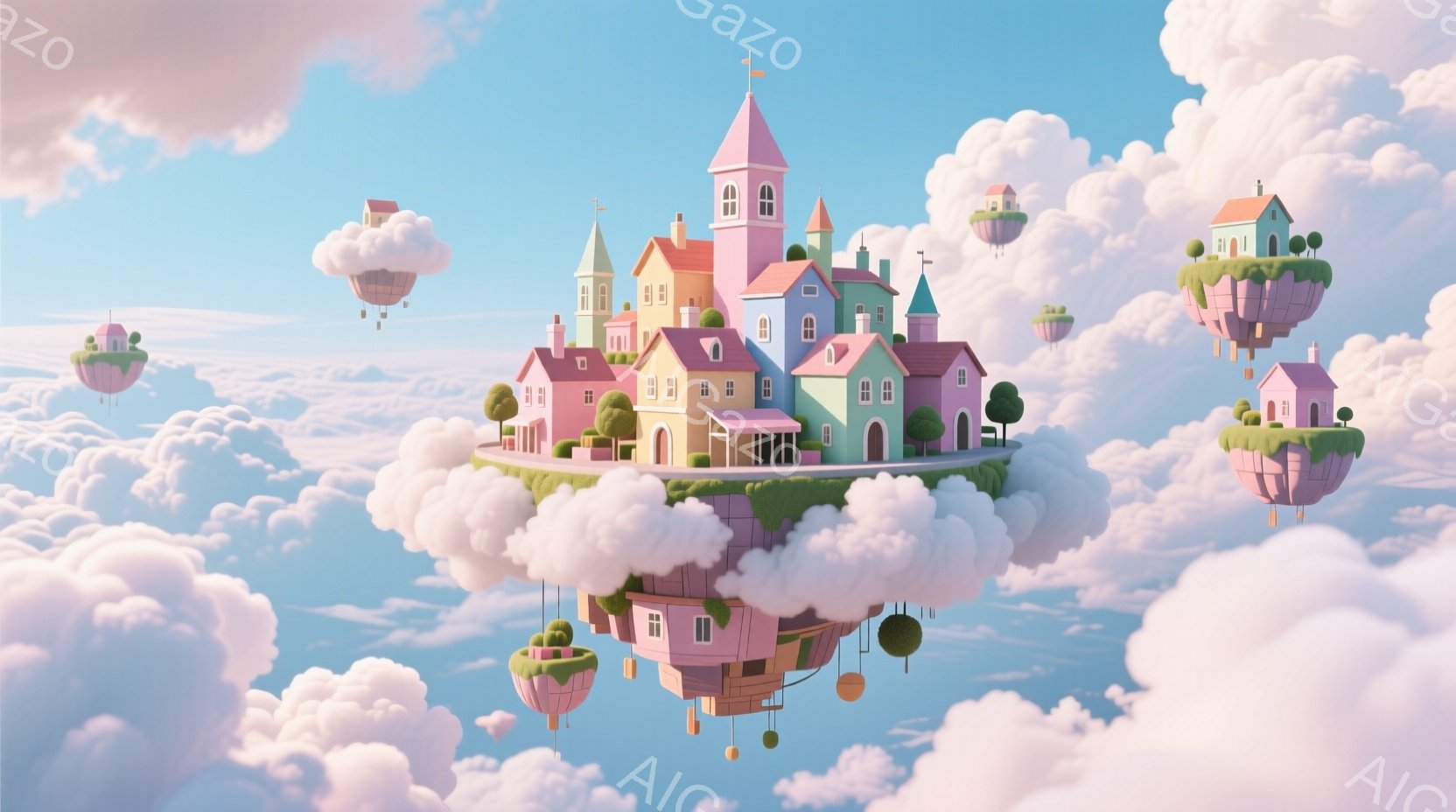 雲の上に浮かぶ、パステルカラーの可愛らしい街並みが印象的な風景です。ピンクや緑、水色の建物が密集し、まるで童話の世界のような雰囲気を醸し出しています。ふわふわとした雲が背景を埋め尽くし、暖かく優しい空 - AI生成フリー素材