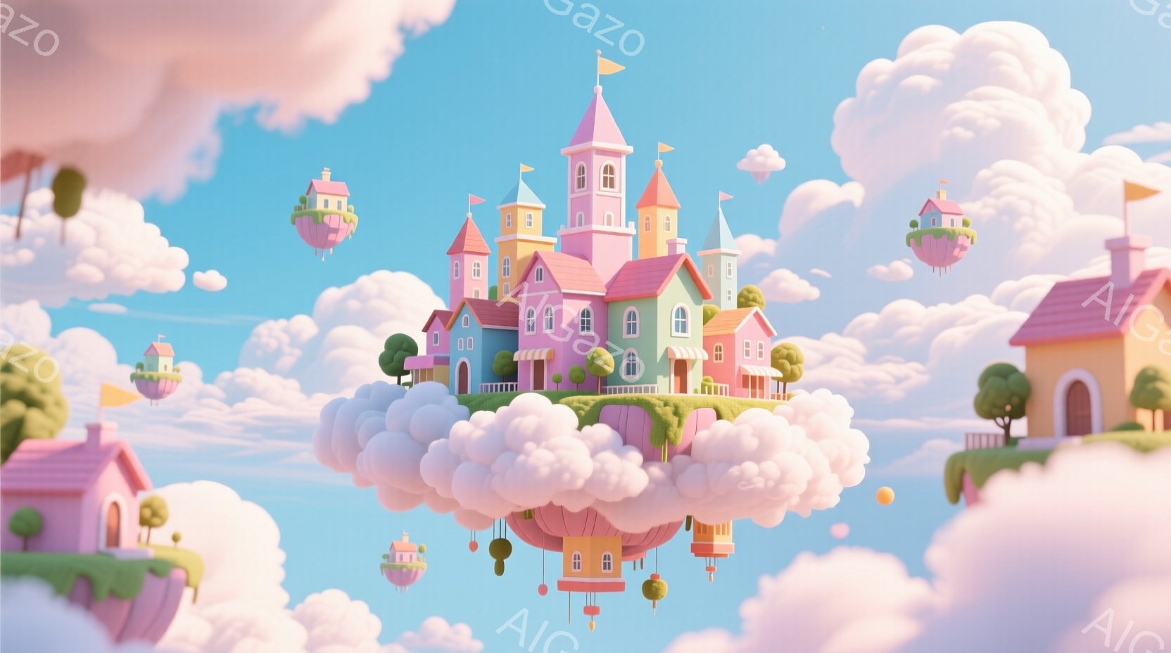 空に浮かぶ、パステルカラーの可愛らしいお城と家々が印象的な画像です。ピンクや水色の建物は丸みを帯びており、雲の上に建っています。背景は穏やかな青空で、全体的に夢のような、幻想的な雰囲気が漂っています。 - AI生成フリー素材