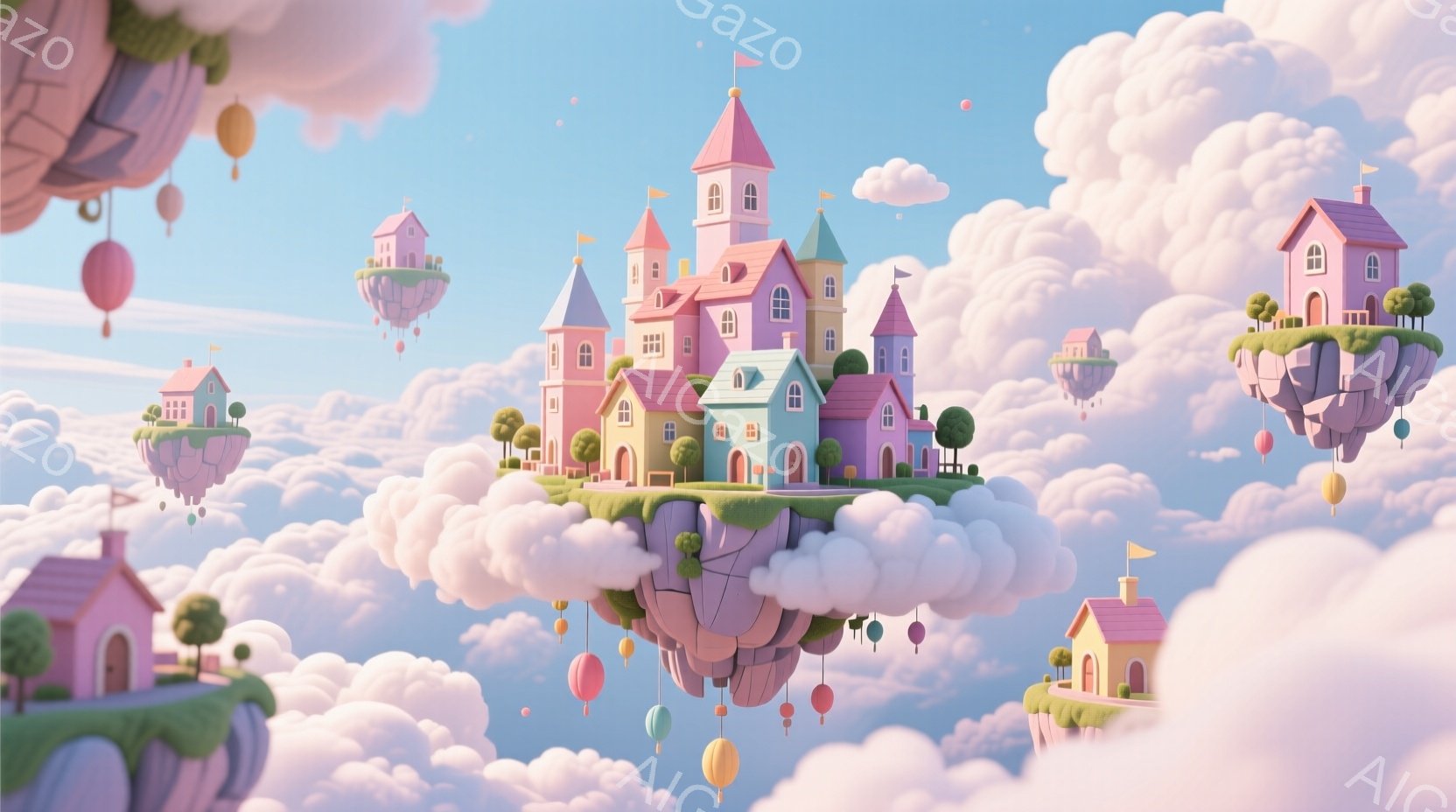 柔らかいピンクや水色の雲の上に、可愛らしい家々や城が浮かんでいます。パステルカラーの建物は、まるで絵本の世界のようで、空には小さな風船が漂い、夢のような雰囲気を醸し出しています。全体的に温かく、穏やか - AI生成フリー素材