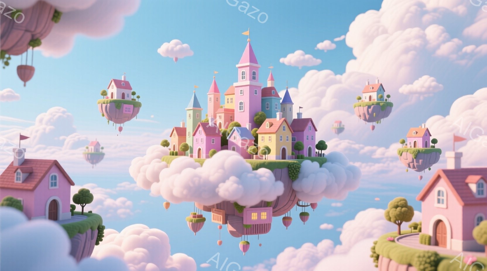 雲の上に浮かぶ、パステルカラーの可愛らしい街並みが印象的なイラストです。ピンク、緑、黄色などの建物が雲に支えられ、小さな道がそれらを繋いでいます。全体的に柔らかく夢のような雰囲気が漂い、空には小さな風 - AI生成フリー素材