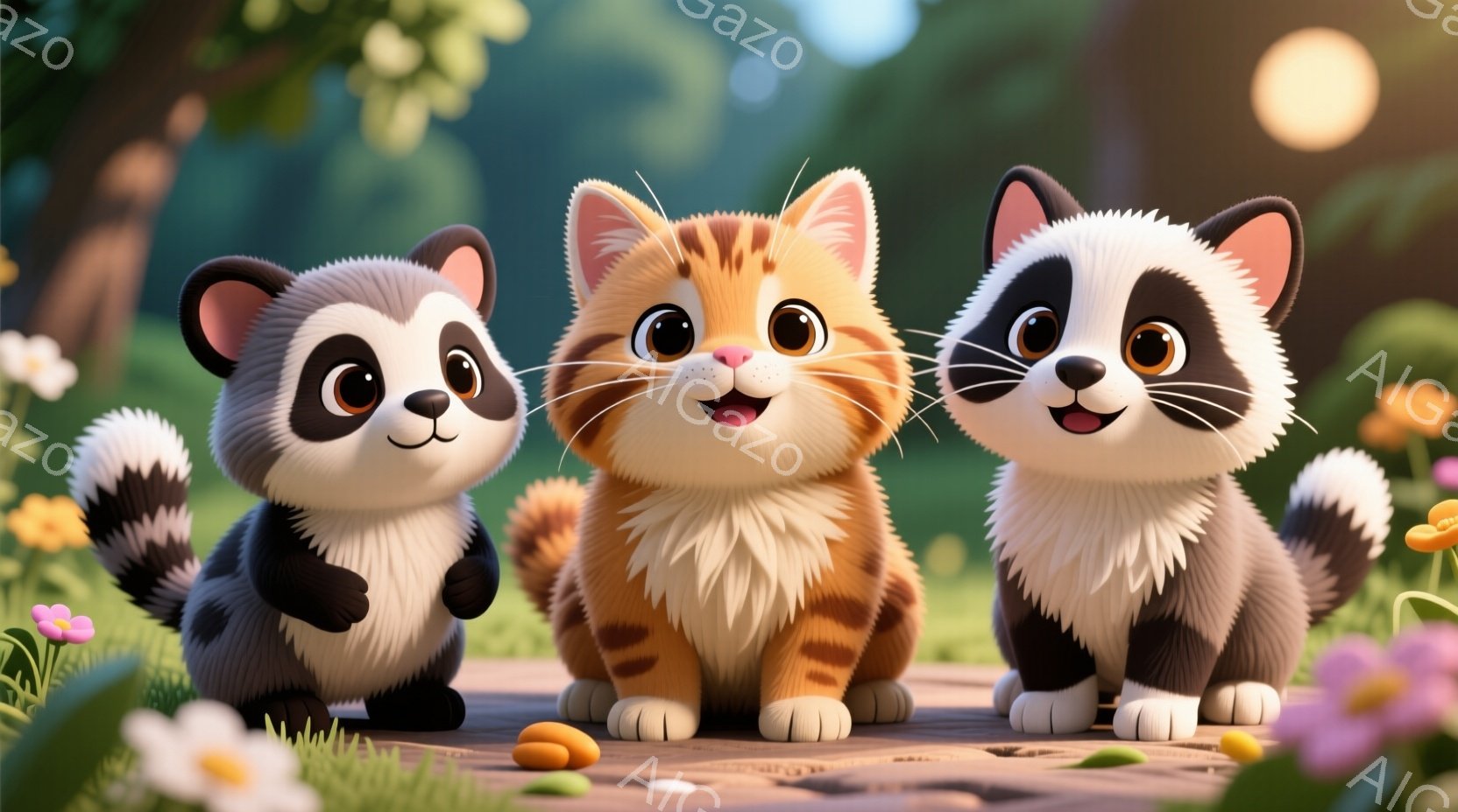 かわいらしい動物たちが並んでいます。左からパンダ、オレンジ色のトラ柄の子猫、アライグマです。背景には緑の草地とカラフルな花々が咲き乱れ、木漏れ日が差し込む穏やかな自然の中で、動物たちは正面を見据えて微笑んでいます。