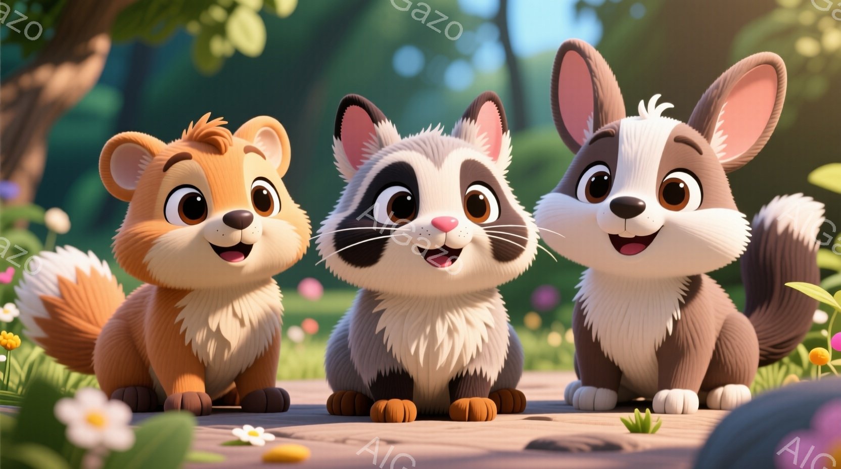明るい緑の草原に、三匹のかわいい動物たちが並んで座っています。オレンジ色の毛並みのリス、黒いマスク模様のハクビシン、そして茶色と白の毛並みの犬の子です。彼らは皆笑顔で、正面を見つめており、全体的に温かく、幸せな雰囲気が漂っています。