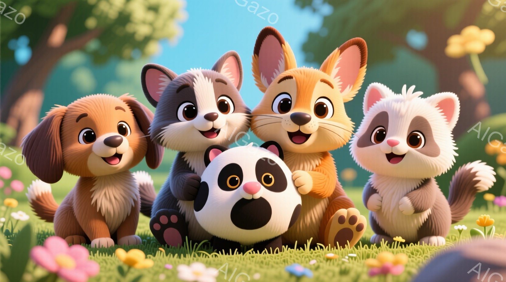 かわいらしい動物たちが集まって写っています。茶色の犬、黒と白の犬、オレンジ色の犬、そしてパンダが笑顔で並び、緑の草の上に座っています。背景には、ぼやけた花々や木々が見え、晴れた暖かい日の楽しい雰囲気が - AI生成フリー素材