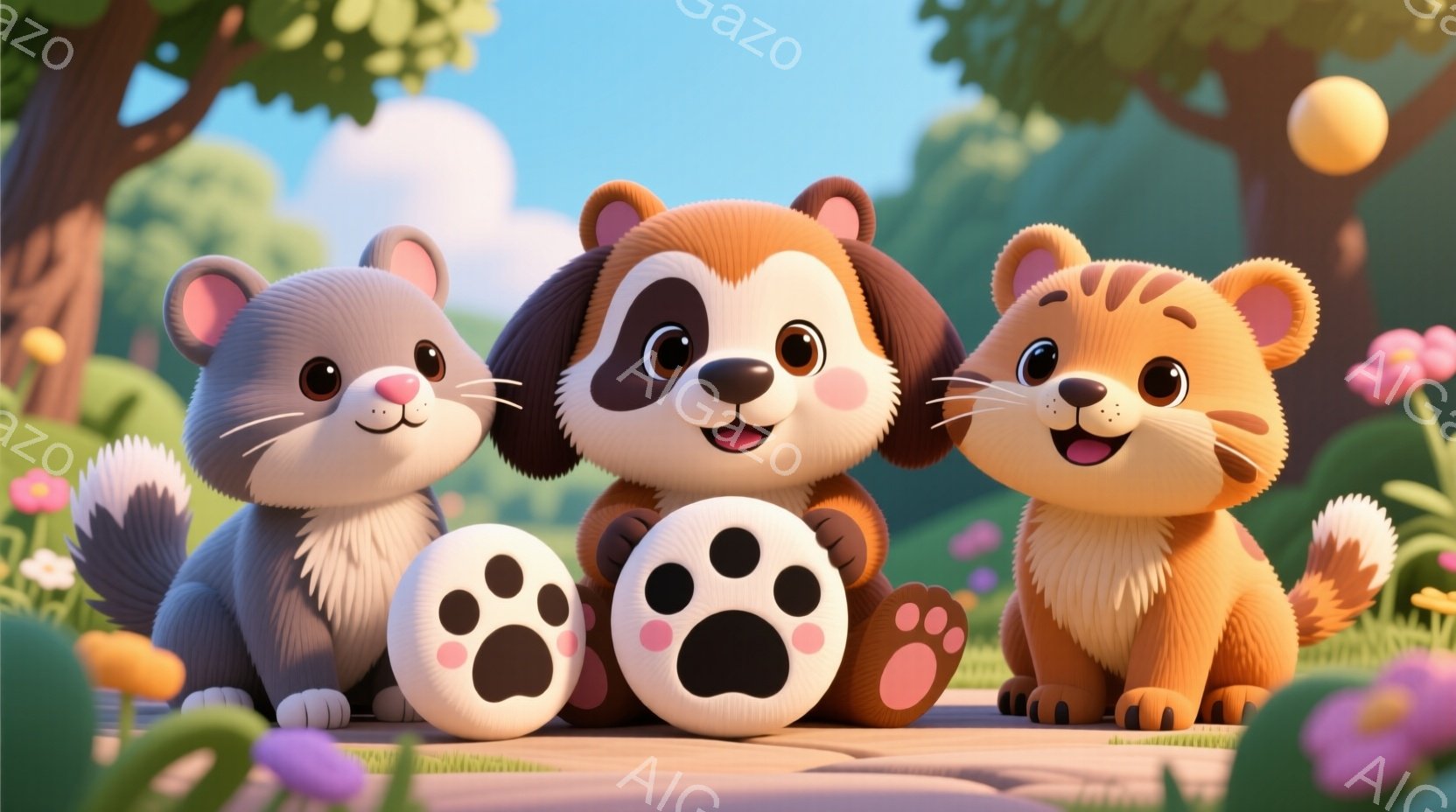 明るい緑の背景の中で、ハリネズミ、犬、子猫の3匹の動物が寄り添って座っています。彼らは皆、丸い体と大きな目をしており、それぞれが幸せそうな表情を浮かべています。背景には木々や花が咲き乱れ、暖かい日差し - AI生成フリー素材