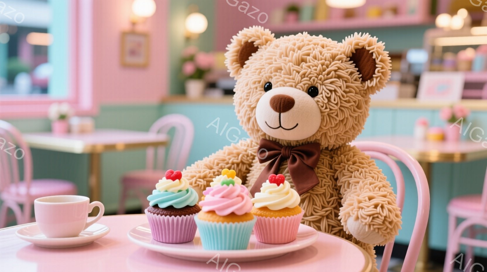 ふわふわの茶色のテディベアが、ピンク色のテーブルに座って、カラフルなカップケーキと一杯の紅茶の隣に座っています。背景はパステルカラーの壁とテーブルで彩られた、かわいらしいカフェの内部で、全体的に明るく、お茶会のような温かい雰囲気を醸し出しています。テディベアは茶色のリボンで結ばれており、穏やかで優しい表情をしています。