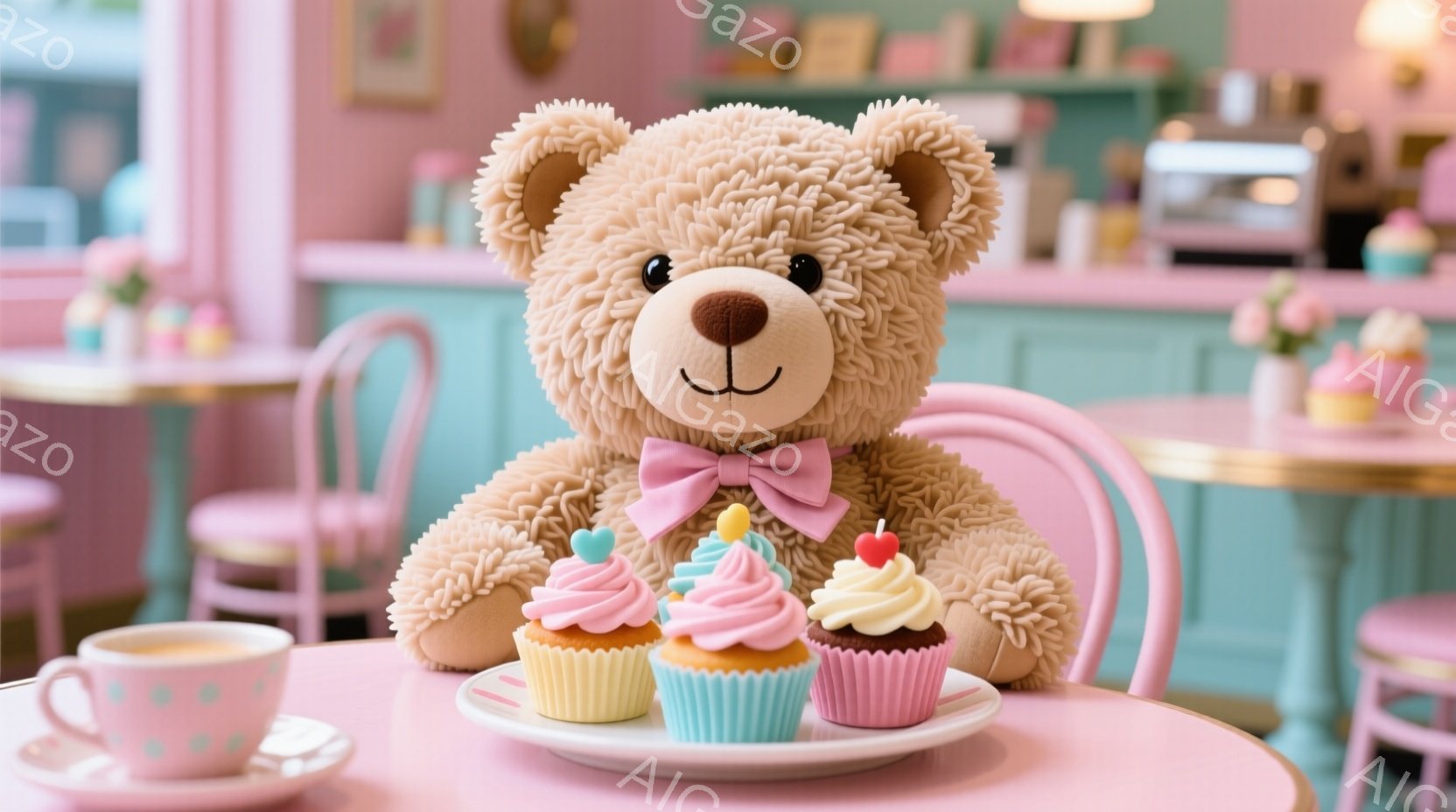 ふわふわの茶色のテディベアが、ピンク色のテーブルに座り、可愛らしいカップケーキの盛り合わせを見つめています。ベアはピンク色のリボンをつけており、背景には淡いピンクとターコイズブルーのカフェのインテリア - AI生成フリー素材