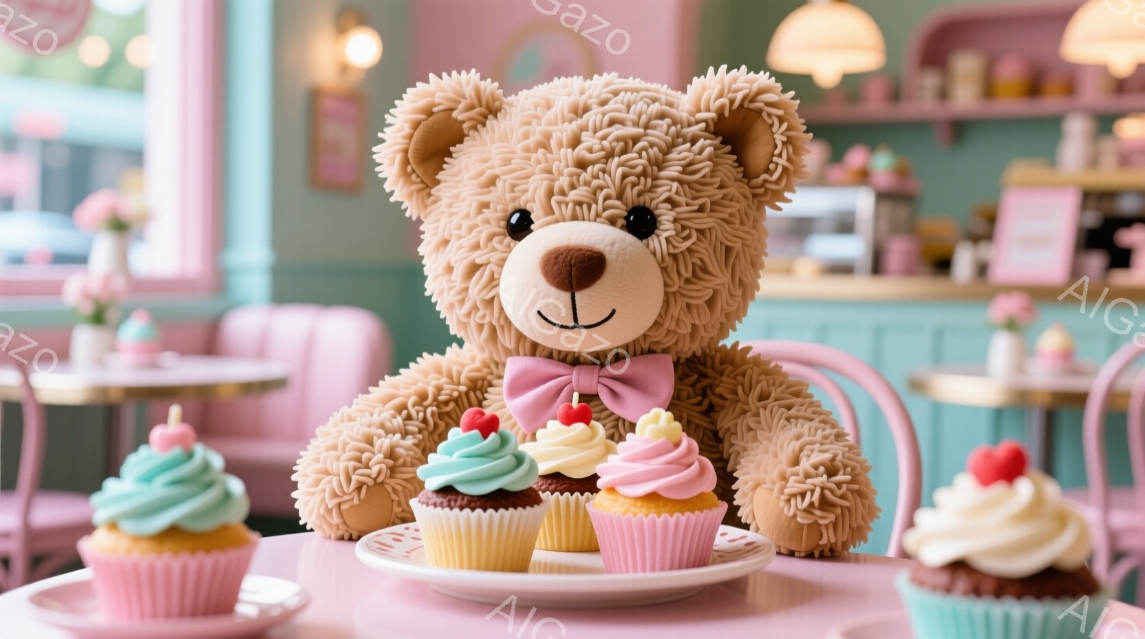 柔らかい茶色のテディベアが、ピンクのリボンと可愛らしい蝶ネクタイをつけて、テーブルに並べられたカラフルなカップケーキを囲んでいます。背景はパステルカラーの可愛らしいカフェで、ピンクの椅子やテーブル、そ - AI生成フリー素材