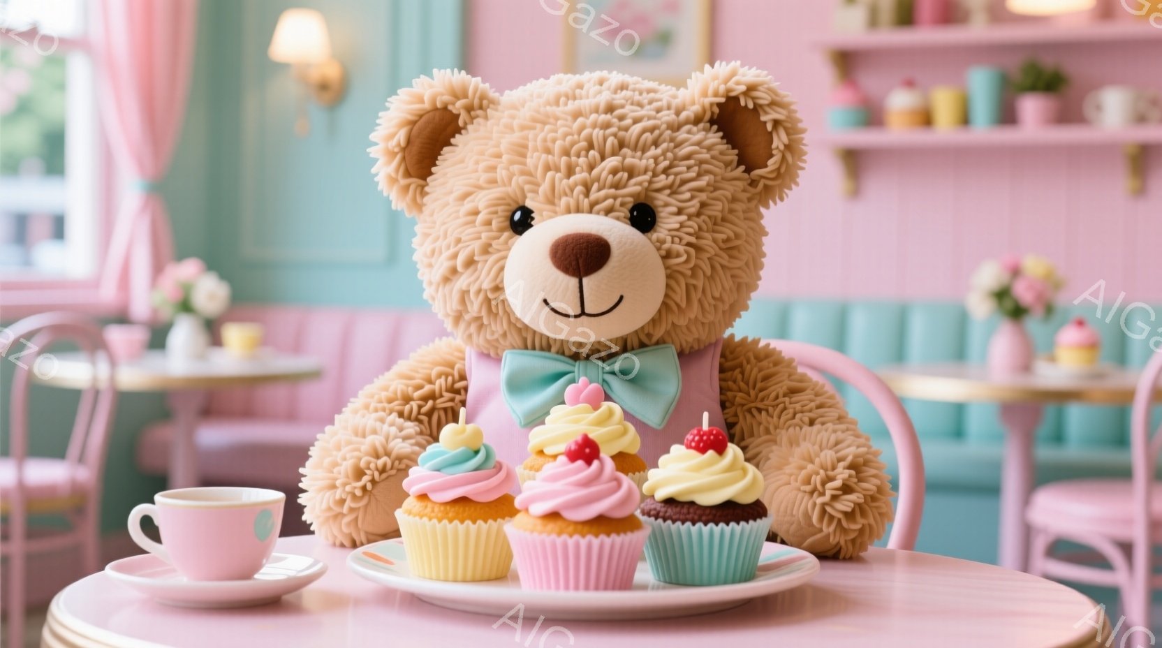 ふわふわの茶色のテディベアが、ターコイズブルーのリボンをつけてテーブルに座っています。テーブルの上には、カラフルなクリームとフルーツが飾られたカップケーキと、一杯の紅茶が置かれています。背景はパステルカラーの可愛らしいカフェで、優雅で夢のような雰囲気です。