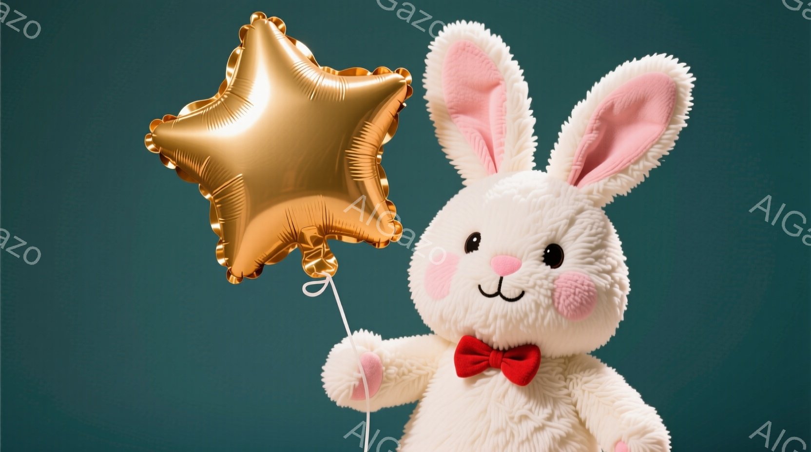 白くてふわふわしたウサギのぬいぐるみは、赤い蝶ネクタイをつけており、片手に金色の星形の風船を持っています。ウサギは可愛らしい頬紅と穏やかな表情を浮かべており、柔らかく親しみやすい雰囲気を醸し出していま - AI生成フリー素材