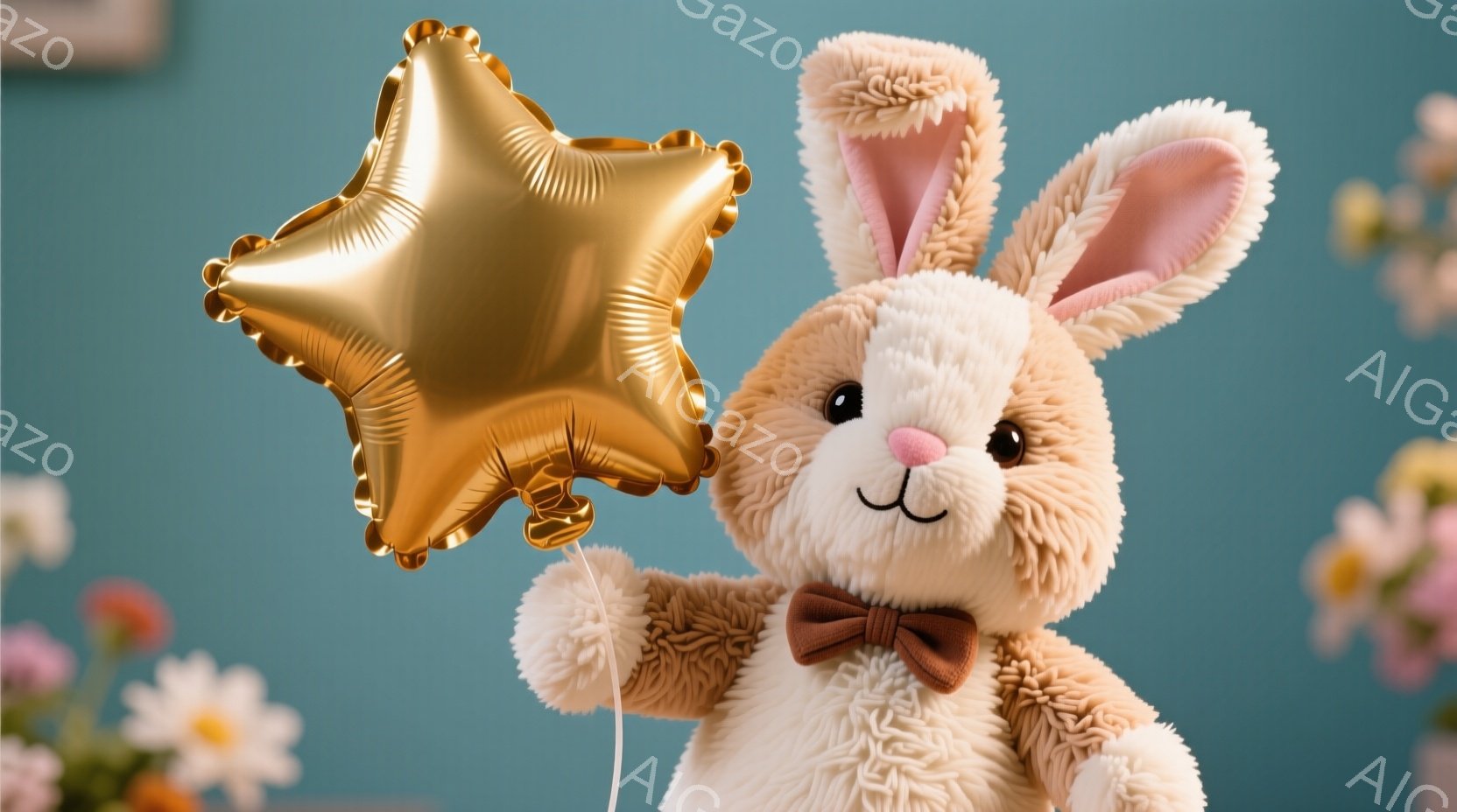 ふわふわのクリーム色のウサギのぬいぐるみは、茶色の蝶ネクタイをつけて、金色の星型の風船を持っています。ウサギは正面を見ており、穏やかで優しい表情をしています。背景は水色の壁で、ぼやけた花が点在しており - AI生成フリー素材