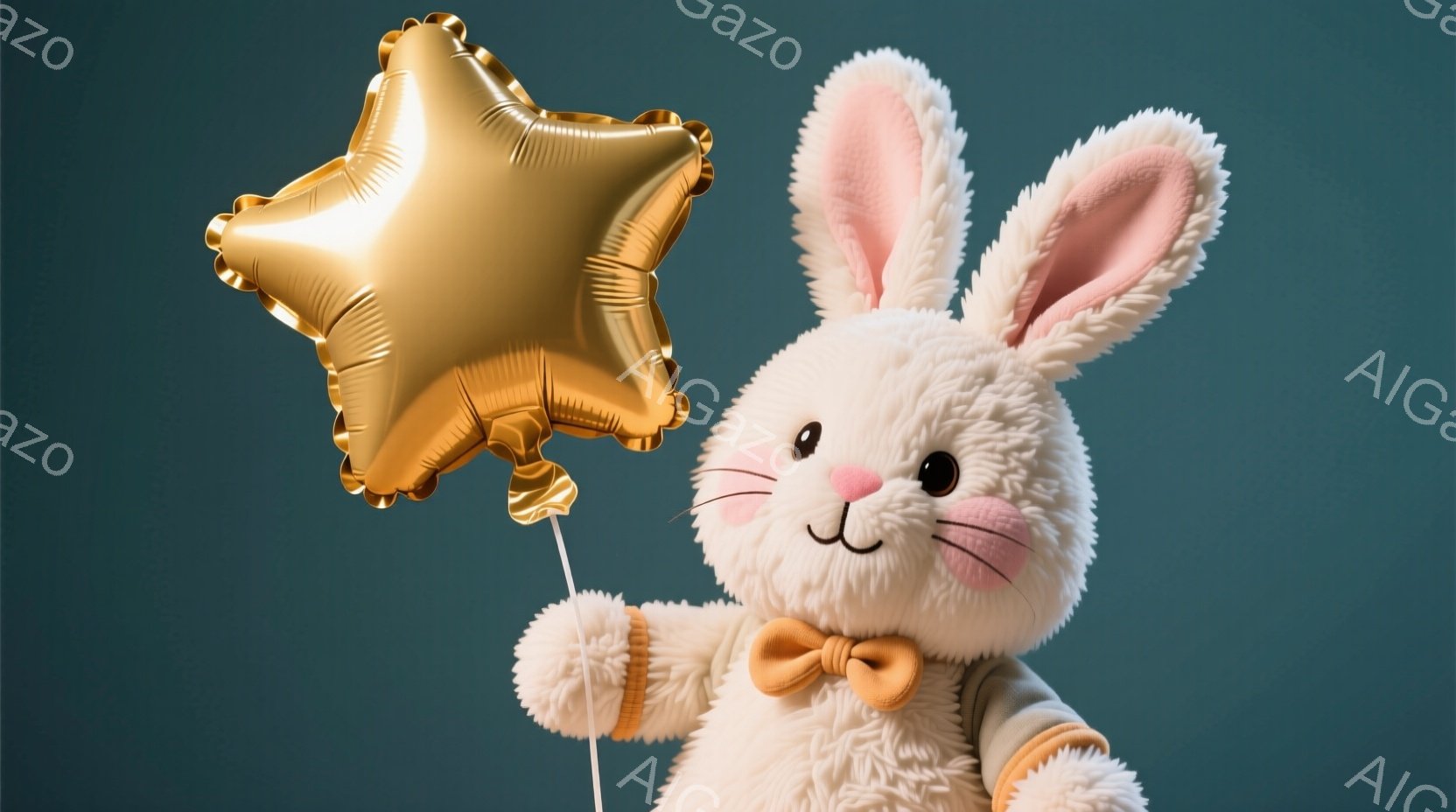 ふわふわの白いウサギのぬいぐるみが、金色の星型の風船を持っています。ウサギはクリーム色のセーターを着ており、首にはオレンジ色のリボンが付いています。背景は単調な濃い青色で、ぬいぐるみが際立っています。 - AI生成フリー素材