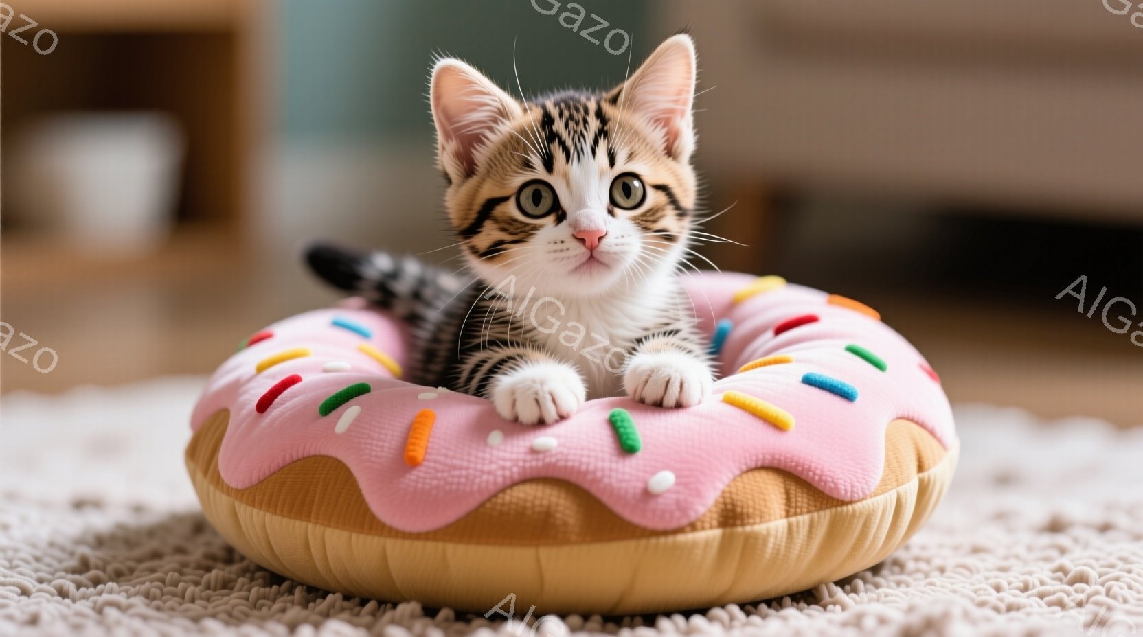 白と黒の縞模様の小さな子猫が、ピンク色のアイシングとカラフルなスプリンクルが施されたドーナツ型のベッドに丸まって座っています。子猫は前足を伸ばしてリラックスした表情で、好奇心旺盛な眼差しで正面を見てい - AI生成フリー素材