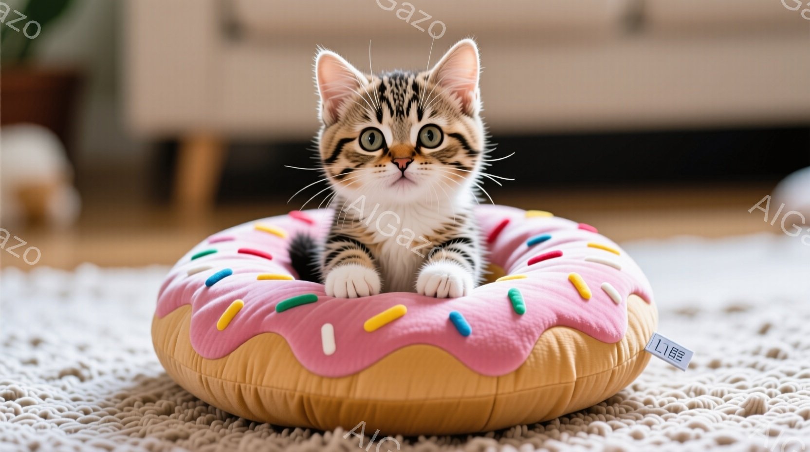 小さなキジトラ猫がドーナツ型のベッドに座ってこちらを見ています。ベッドはピンク色のアイシングとカラフルなスプリンクルが描かれており、猫の毛色と鮮やかなコントラストをなしています。背景はベージュ色のラグ - AI生成フリー素材