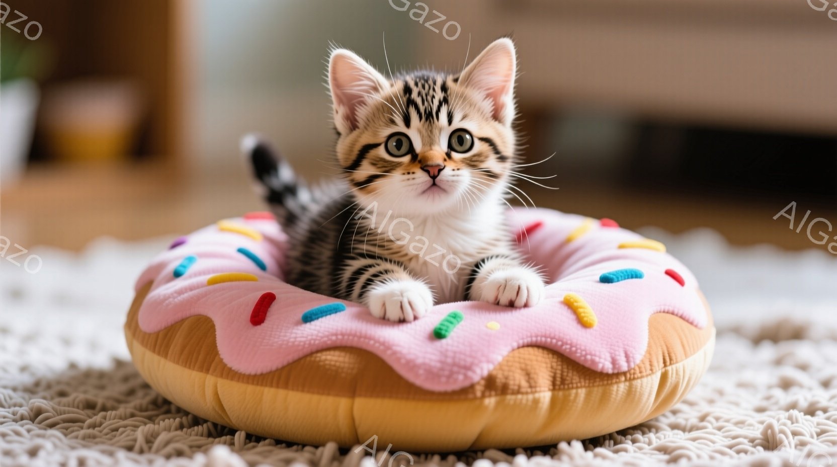 白と茶色の縞模様の小さな子猫が、ピンク色のアイシングとカラフルなスプリンクルが施されたドーナツ型のベッドに座っています。子猫は前足をベッドの縁にかけ、好奇心に満ちた表情で正面を見ています。背景には淡い - AI生成フリー素材
