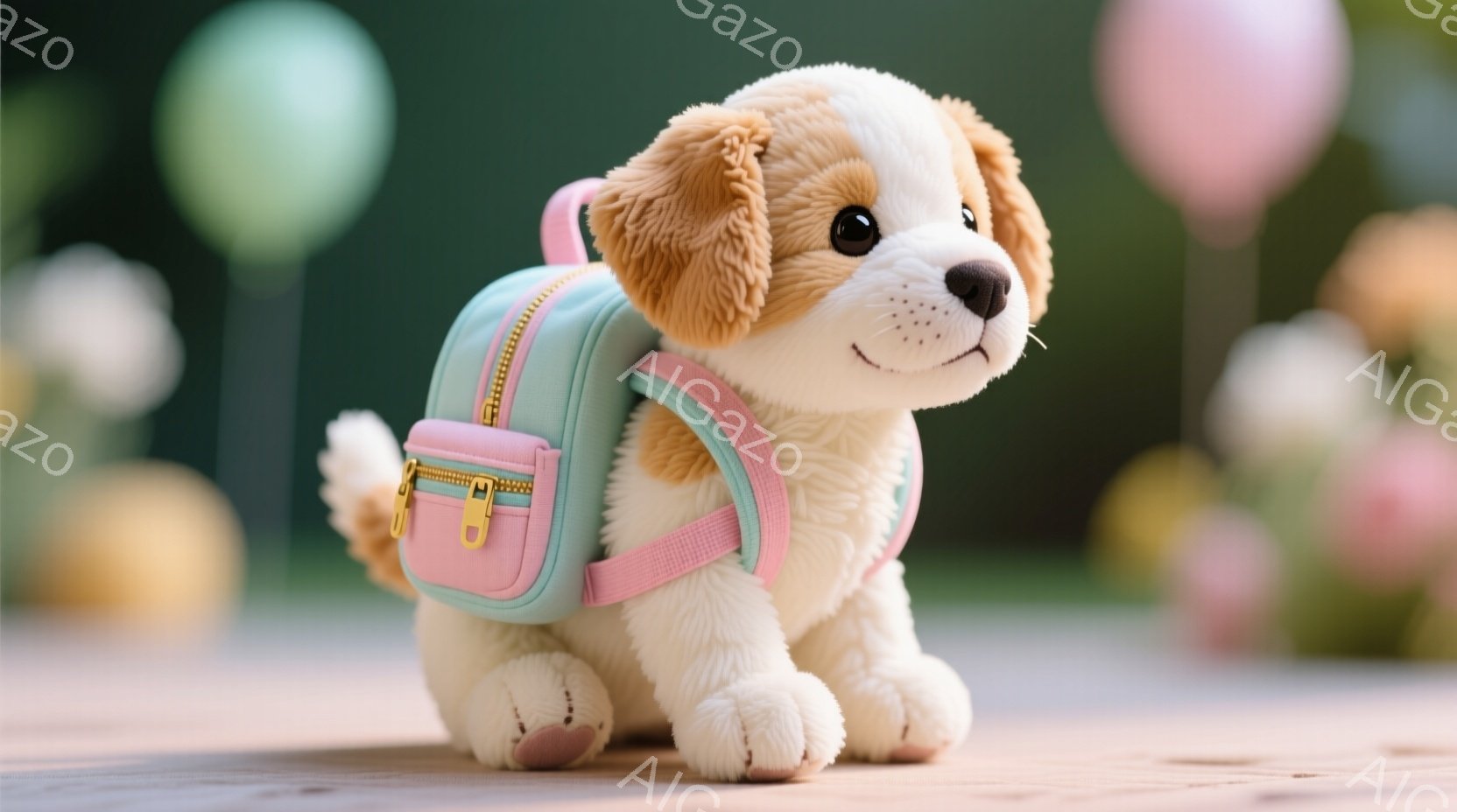 白と茶色のふわふわした子犬が、薄い水色のリュックサックを背負って四つん這いで座っています。子犬は丸い黒い目をしており、穏やかで可愛らしい表情をしています。背景には、ぼやけた緑とピンク色の球体がいくつか - AI生成フリー素材