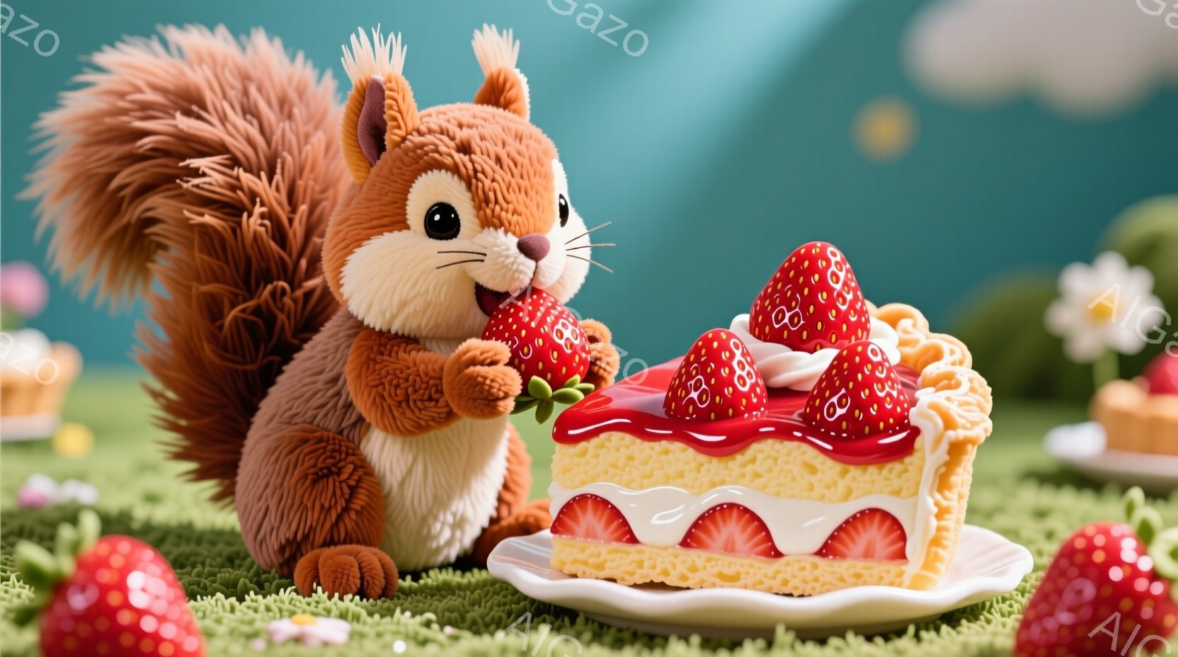 ふわふわの茶色のリスが、イチゴのショートケーキにかぶりつこうとしている様子が描かれています。ケーキは白皿に乗せられ、鮮やかな赤色のイチゴとクリームで飾られています。背景には緑の草と、ぼやけたイチゴや小さな花が散りばめられ、暖かく可愛らしい雰囲気を醸し出しています。