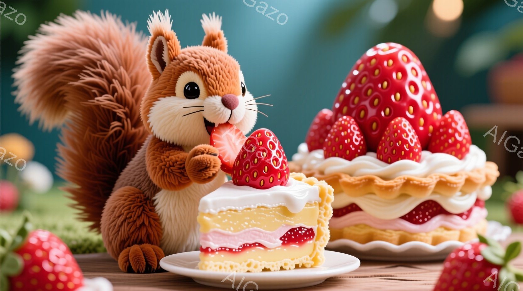 ふわふわの茶色のリスが、イチゴのショートケーキを美味しそうに食べています。ケーキは３段になっており、たっぷりの生クリームとイチゴで飾られています。背景はぼやけた緑と木製のテーブルで、お祭りや楽しい雰囲気を感じさせます。