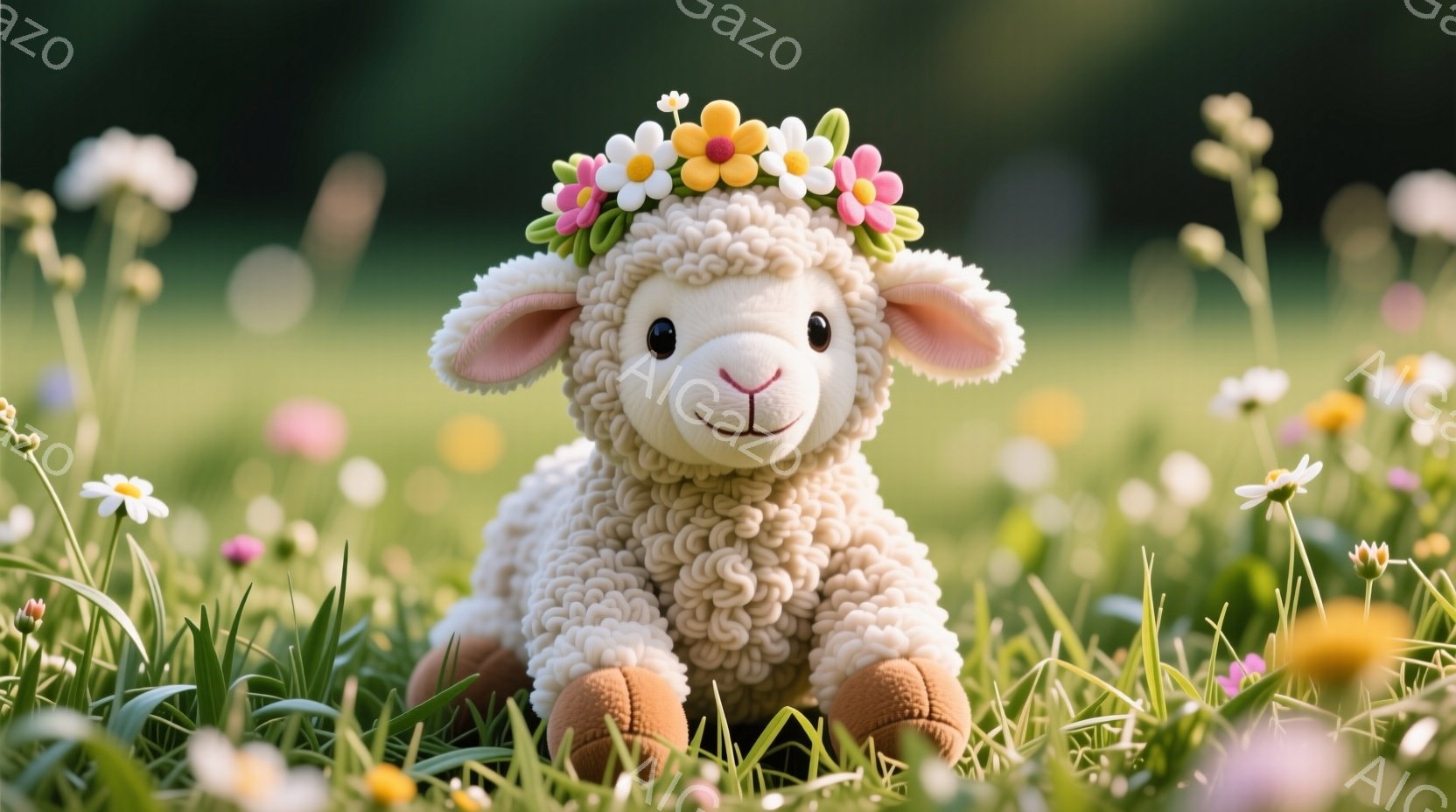 ふわふわの白い羊が、緑豊かな草むらに座っています。頭には、黄色や白の小さな花で作られた花輪が飾られており、愛らしい表情で正面を見ています。背景には、様々な色の野花が咲き乱れ、穏やかで春らしい雰囲気を醸し出しています。
