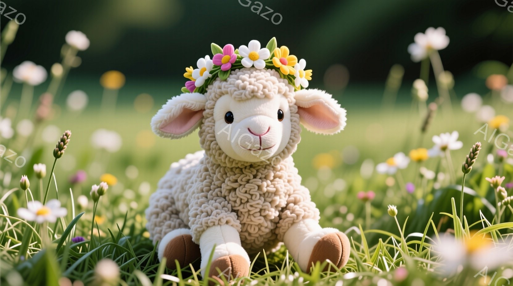 白いふわふわの羊のぬいぐるみは、野原の花でできた花冠を被っています。穏やかな表情で、緑豊かな草の上に座って、こちらを見ています。背景には様々な野花が咲き乱れ、暖かく優しい雰囲気を醸し出しています。 - AI生成フリー素材