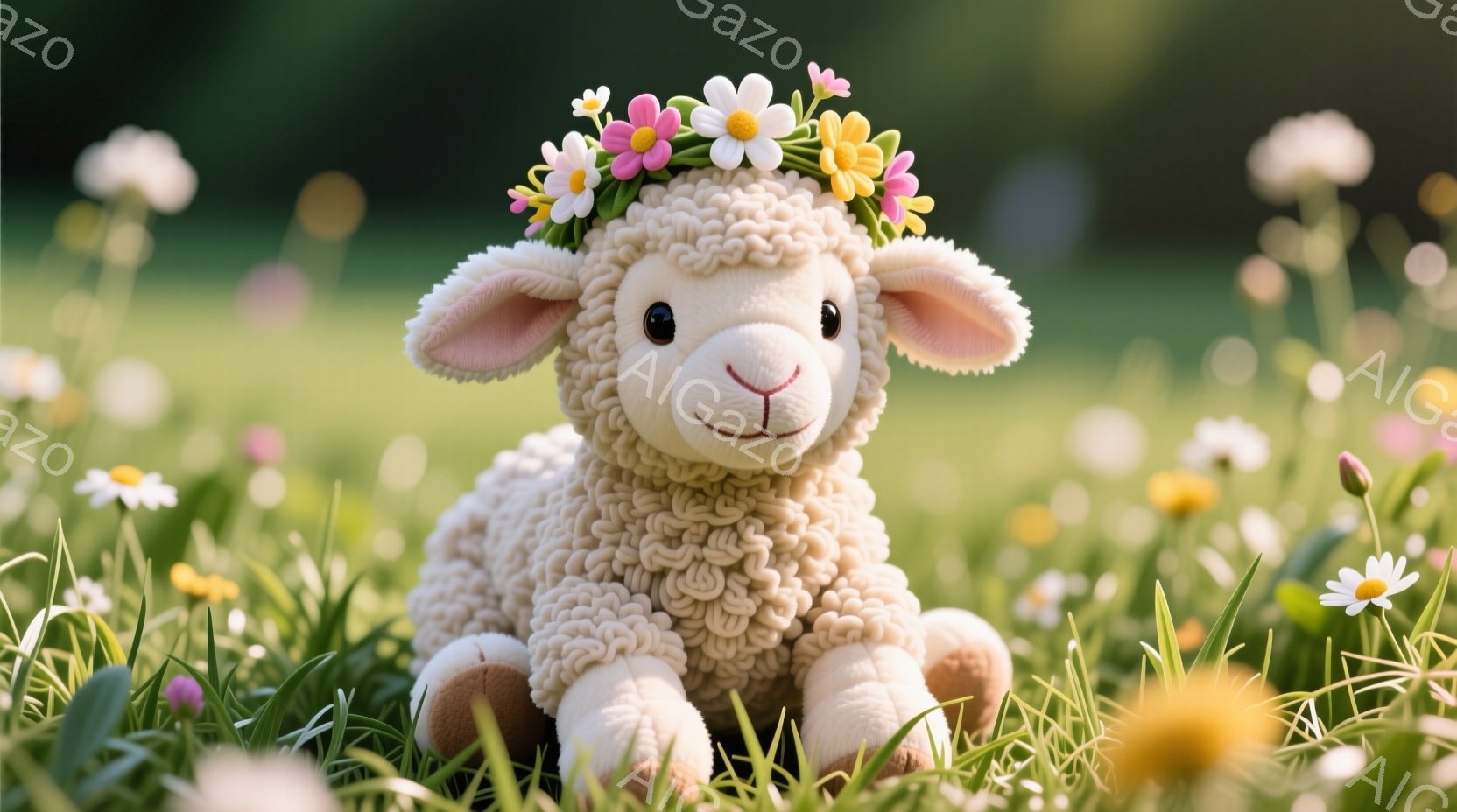 ふわふわの白い羊が、花冠を被って草むらに座っています。羊は穏やかな表情で、まるで春の妖精のようです。背景には、様々な野花が咲き乱れ、柔らかい日差しが降り注ぐ、平和で牧歌的な風景が広がっています。 - AI生成フリー素材