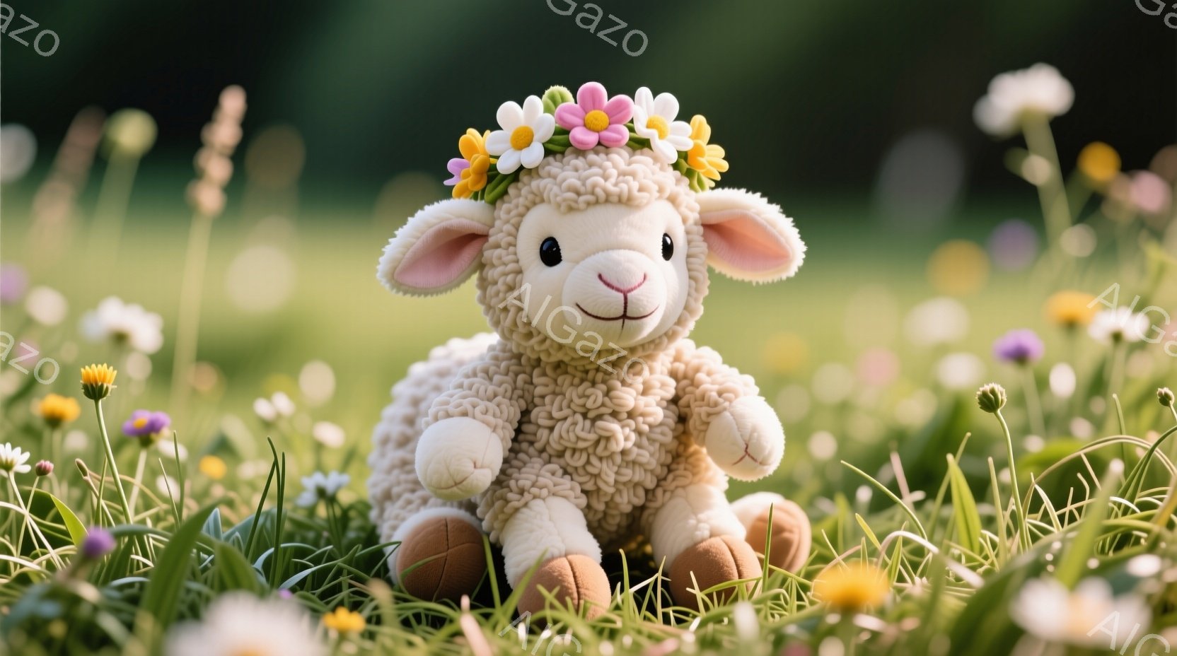 ふわふわの白い羊のぬいぐるみは、鮮やかな野花で飾られた花冠をかぶっています。優しい笑顔と、控えめな姿勢で、緑豊かな草地の真ん中に座っており、周囲には様々な色の小さな花が咲き乱れています。全体的に暖かく - AI生成フリー素材