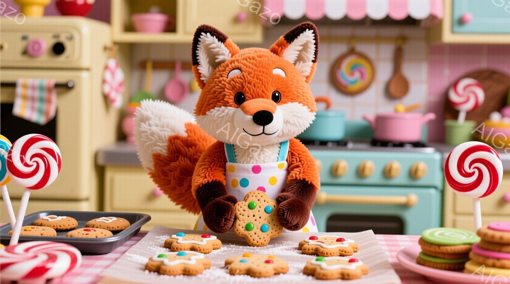 ふわふわのオレンジ色のキツネのぬいぐるみは、ピンクと黄色の水玉模様のエプロンを着ています。キツネはデコレーションされたクッキーを抱えて、まるで焼き立てのクッキーをプレゼントしているかのようなポーズをと - AI生成フリー素材