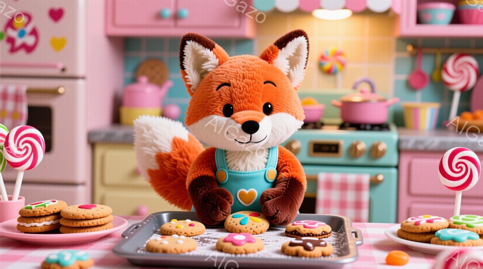 鮮やかなオレンジ色のキツネのぬいぐるみが、ターコイズブルーのオーバーオールを着て、明るいキッチンに立っています。キツネは微笑んでおり、焼きたてのクッキーが並んだ天板の前でポーズをとっています。背景には - AI生成フリー素材