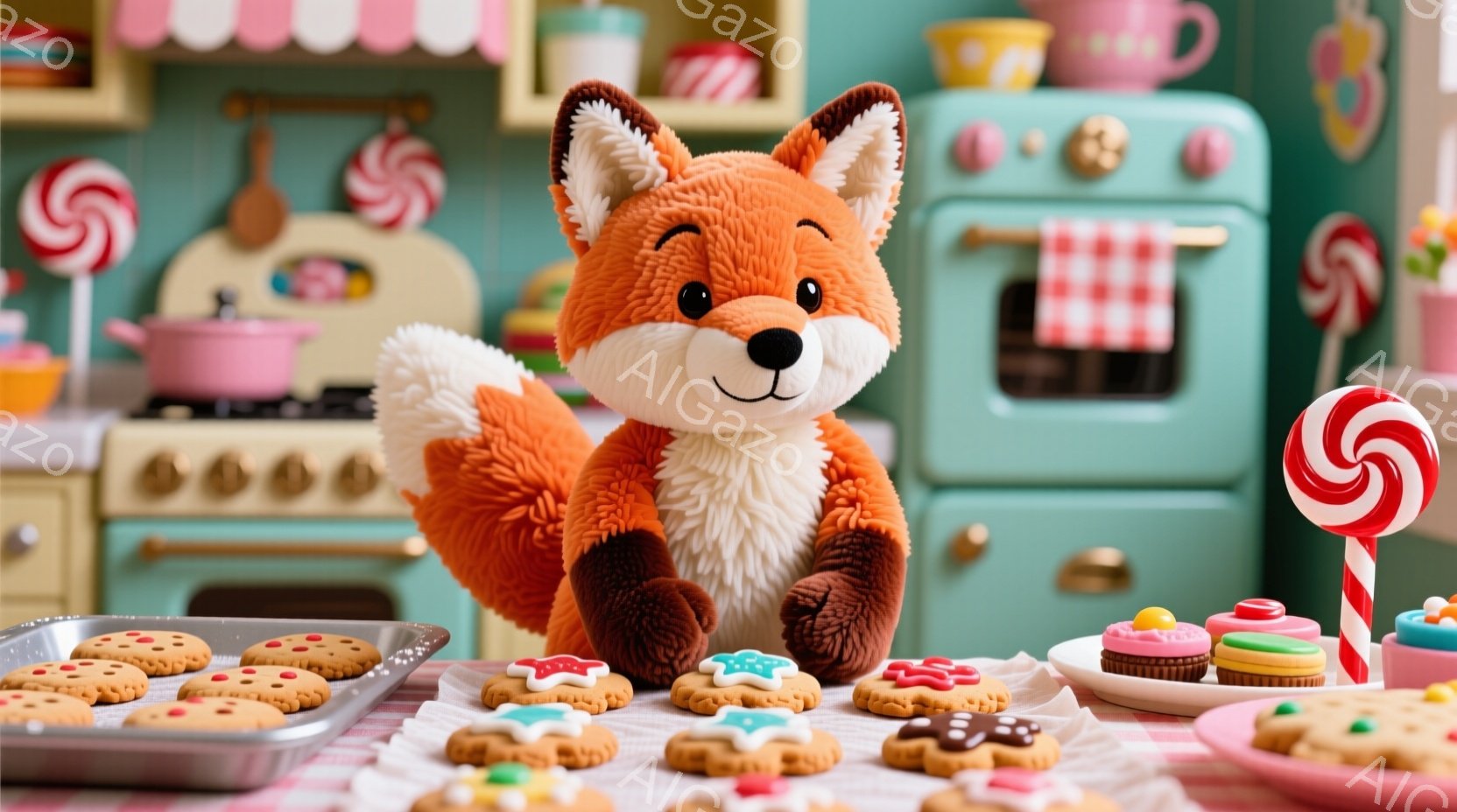 明るいピンク色のテーブルクロスの上に、様々なアイシングクッキーが並べられています。背景には、水色のキッチンと、キャンディやカップケーキなどの甘いお菓子が置かれた棚が見え、愛らしいオレンジ色のキツネのぬ - AI生成フリー素材