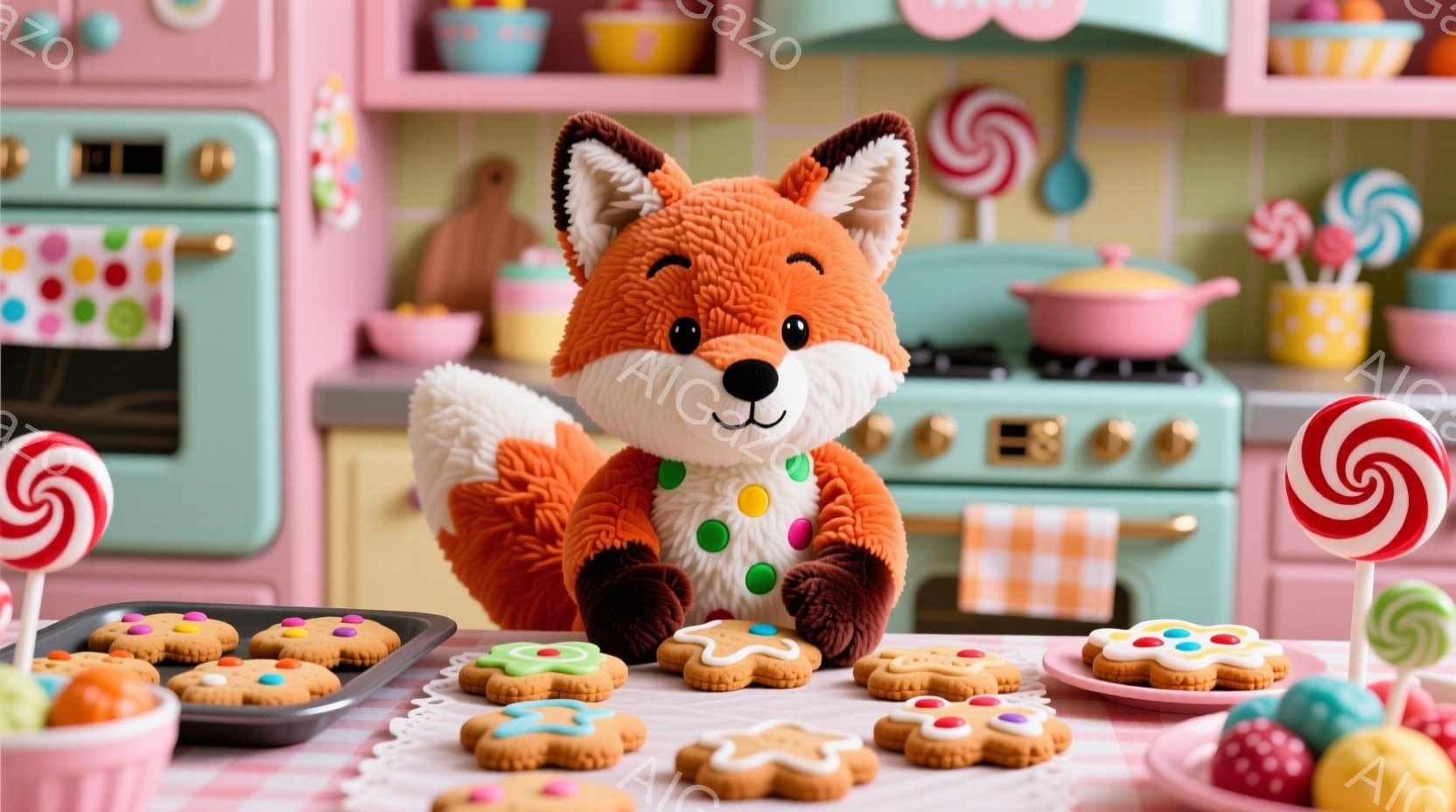 明るいピンクと水色のキッチンを背景に、可愛らしいキツネのぬいぐるみがお菓子に囲まれています。キツネは水玉模様のベストを着ており、笑顔で正面を見ています。背景には、キャンディやクッキー、カラフルな食器が - AI生成フリー素材