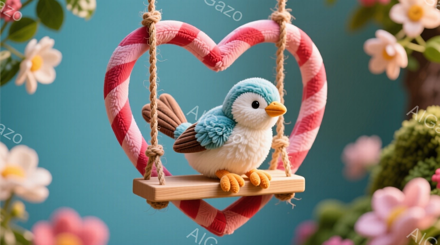 ふわふわした青い鳥が、赤いハート型のブランコに座っています。鳥は小さなオレンジ色の足で木製の板にしっかりと掴まり、穏やかな表情を浮かべています。背景には、ピンクと白の花が咲き乱れ、明るく優しい春の雰囲 - AI生成フリー素材