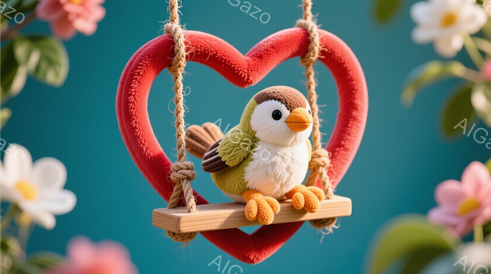 鮮やかなターコイズブルーの背景に、かわいらしい黄色と緑色の鳥のぬいぐるみがおもちゃのブランコに乗って座っています。ブランコは赤いハート型で、麻紐で吊るされています。背景には、ピンクと白の桜の花がぼんや - AI生成フリー素材