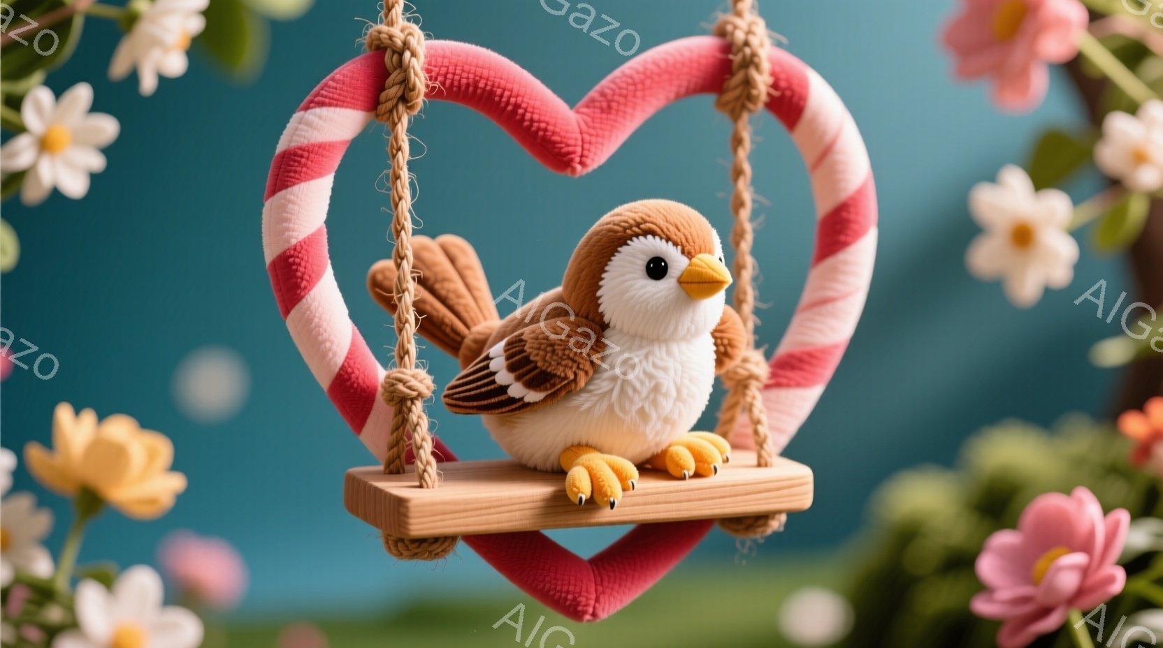 ふわふわの茶色い鳥が、赤いストライプのハート型のブランコに座っています。背景には、ぼやけたピンクや黄色の花々が咲き乱れ、優しい春の雰囲気を醸し出しています。鳥は可愛らしい表情で、穏やかな時間を示唆して - AI生成フリー素材
