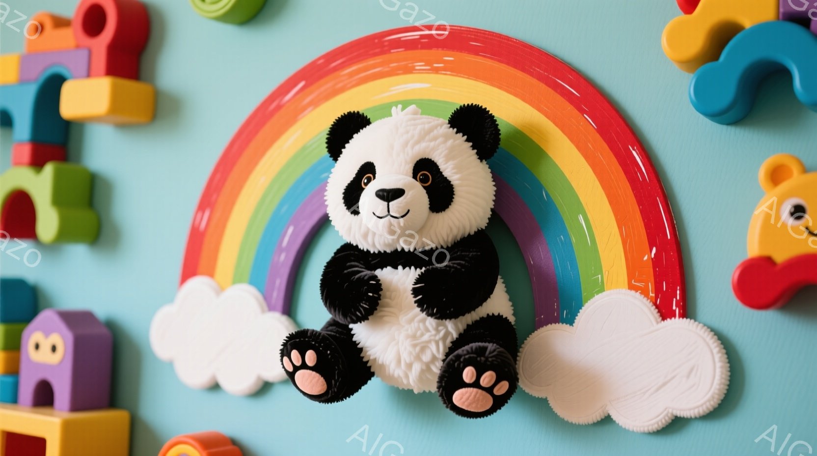 白黒のパンダのぬいぐるみは、虹のアーチ上に座り、両足が雲の上に置かれています。背景は水色の壁で、カラフルなブロックの建物や、別の動物のぬいぐるみが見えます。全体的に、明るく遊び心のある、子供部屋のよう - AI生成フリー素材