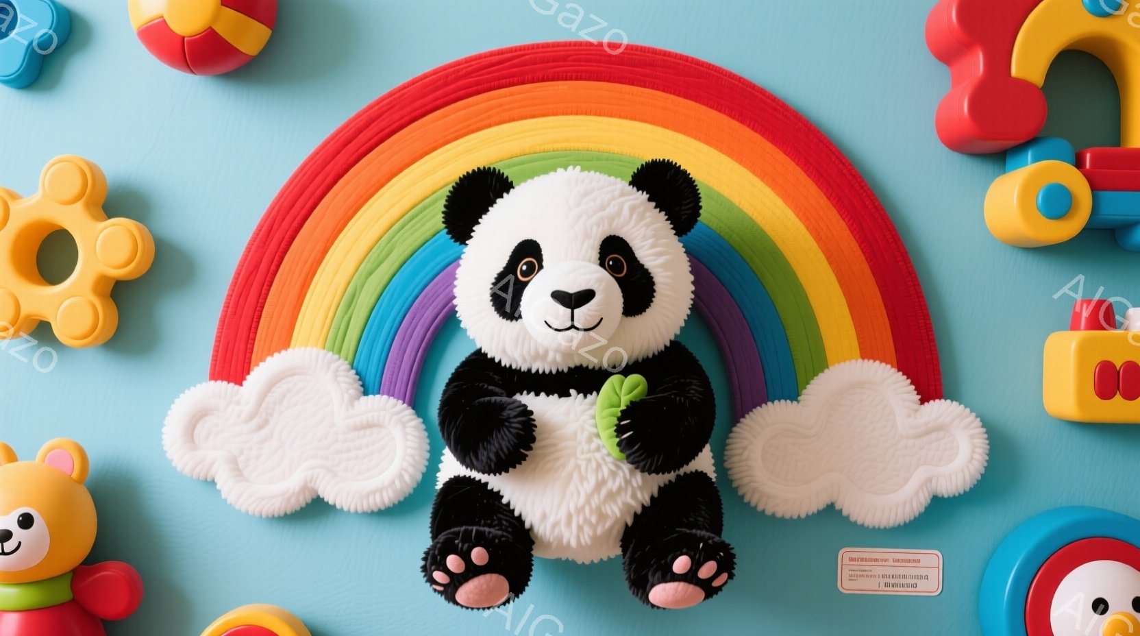 背景には鮮やかな虹色のアーチがあり、その上に可愛らしいパンダのぬいぐるみが座っています。パンダは黒と白のコントラストがはっきりしており、つぶらな瞳とわずかな微笑みが愛らしい表情を作り出しています。周り - AI生成フリー素材