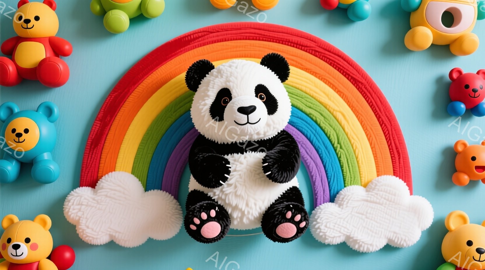 明るい青色の背景に虹と雲が描かれ、その上にふわふわのパンダのぬいぐるみがあります。パンダは座って前足を伸ばし、丸い黒い目と愛らしい表情をしています。周りには様々な色のテディベアやその他の可愛いおもちゃ - AI生成フリー素材
