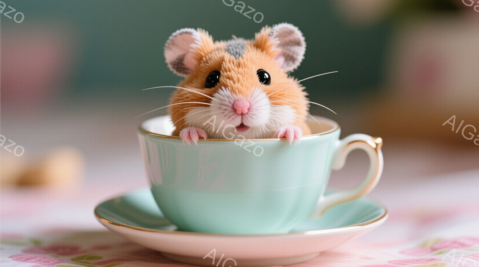 小さなハムスターが、ターコイズブルーのティーカップの中に座ってこちらを見ています。ピンク色の小さな鼻と、つぶらな瞳が可愛らしく、前足でカップの縁につかまっています。背景には、ピンクと白の格子柄のテーブルクロスが敷かれ、全体的に柔らかく優しい雰囲気を醸し出しています。