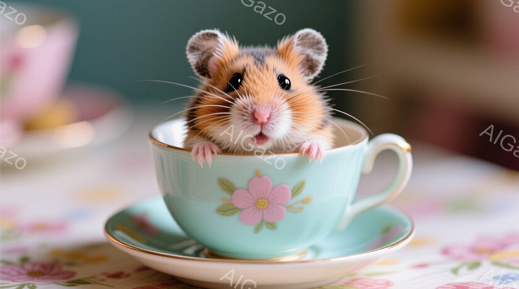 小さなハムスターが、ターコイズブルーで花模様のティーカップの中に座っています。ハムスターは少し口を開けていて、驚いたような、または可愛い表情をしています。背景には、花柄のテーブルクロスと、ぼやけたティーセットが見え、全体的に可愛らしく、牧歌的な雰囲気が漂っています。